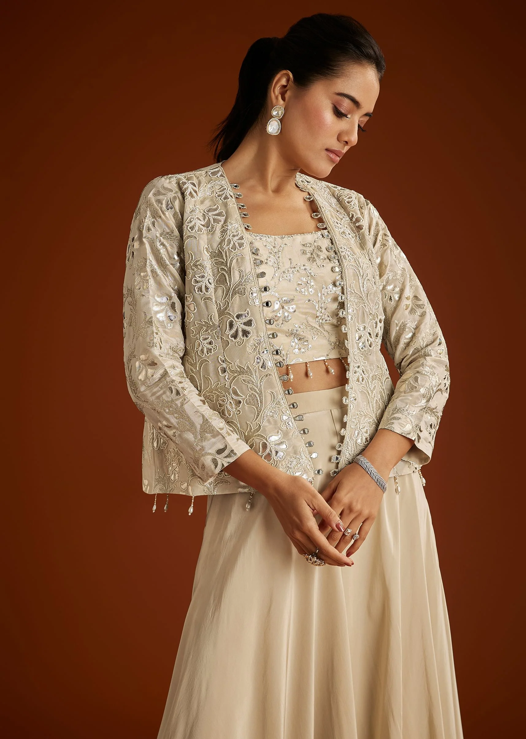 Cream Croptop Patch And Sequin Croptop Jacket Set - Image 2