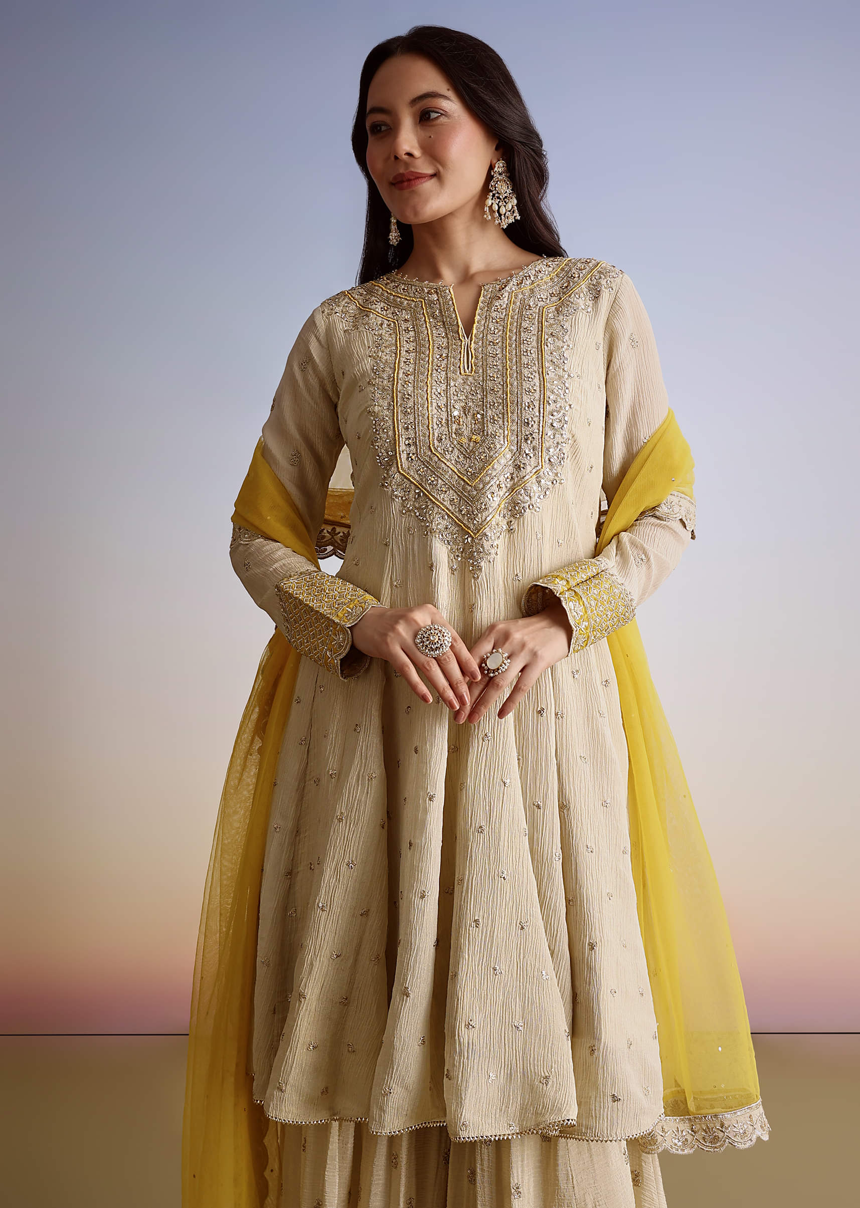 Cream Crush Tissue Sharara Suit With Zari Sequins Work - Image 5