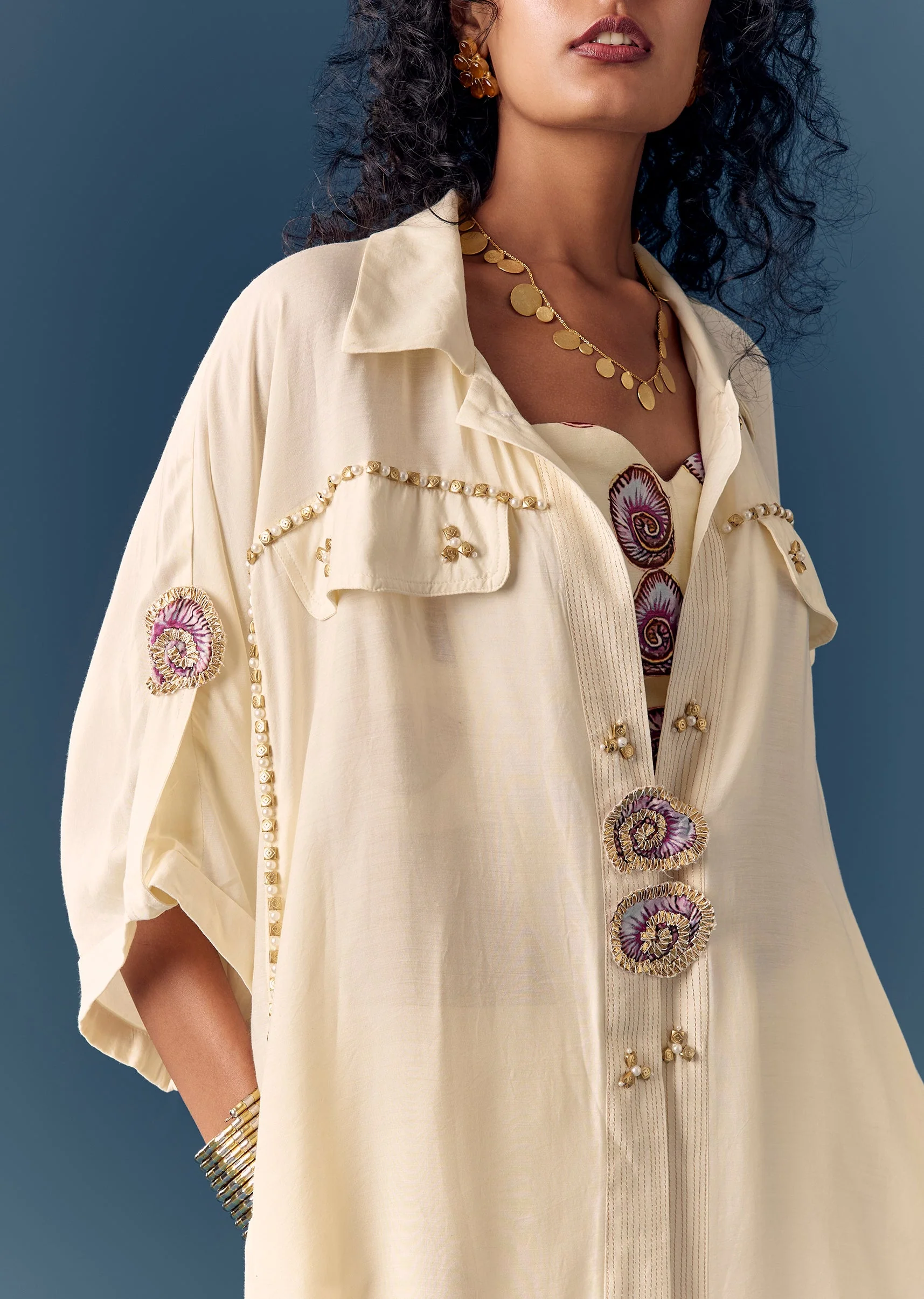 Cream Embellished Shirt Co ord Set - Image 2
