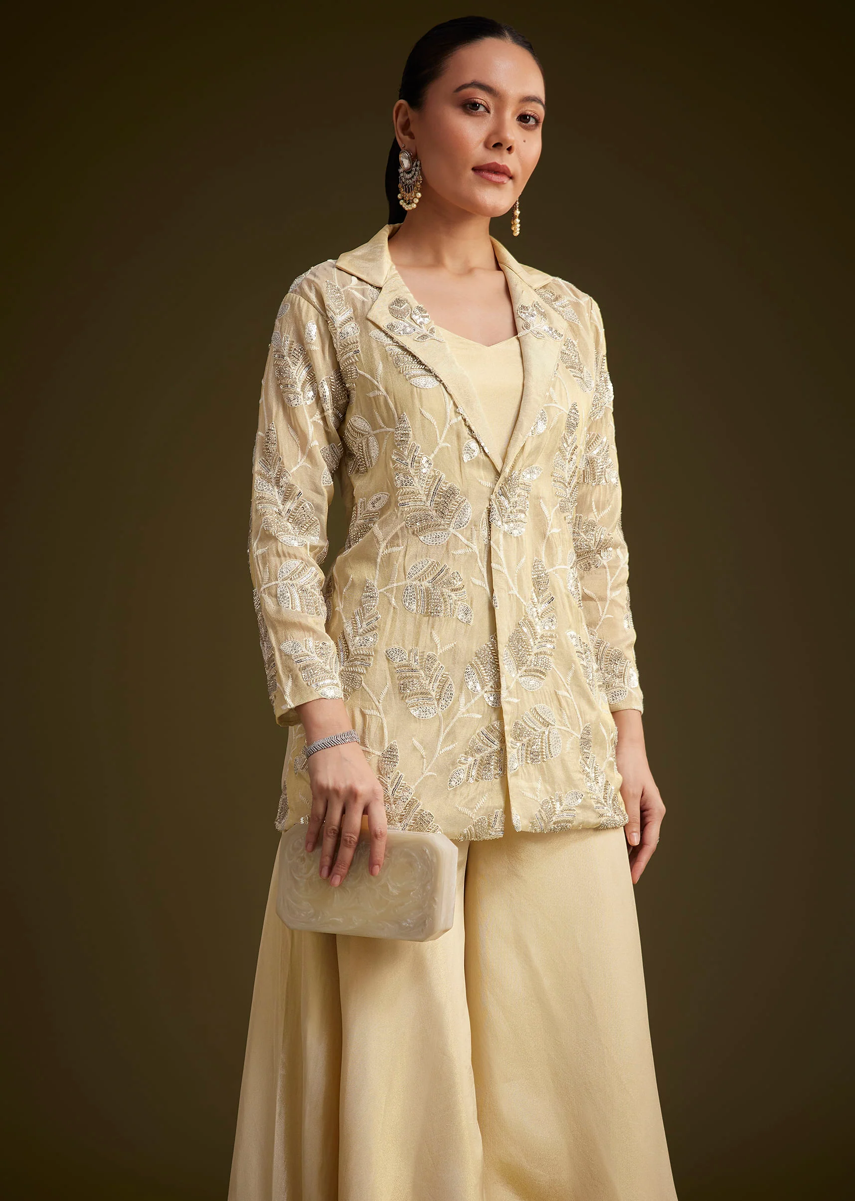 Cream Embroidered Croptop Palazzo And Jacket Set - Image 2