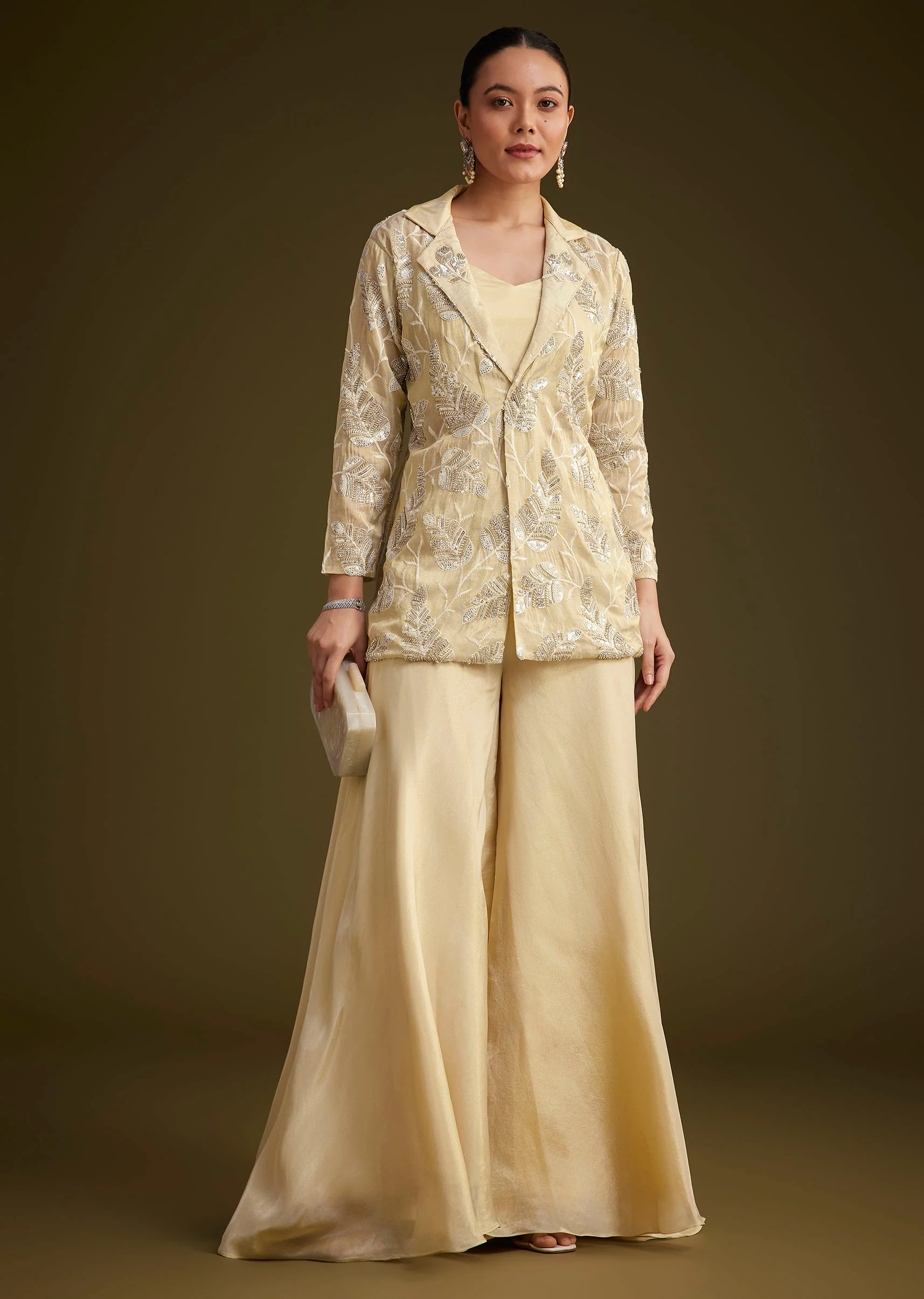 Cream Embroidered Croptop Palazzo And Jacket Set - Image 3