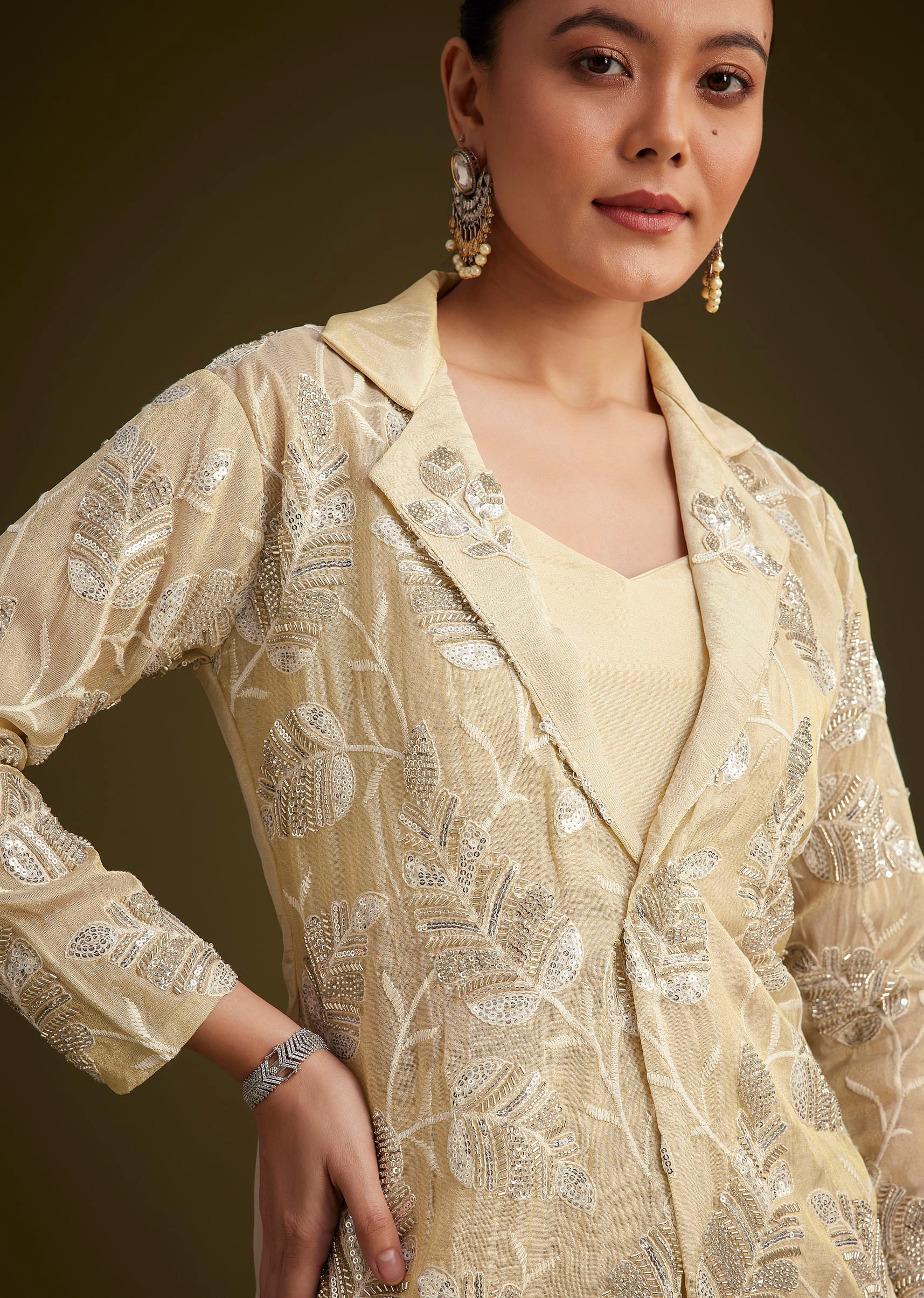 Cream Embroidered Croptop Palazzo And Jacket Set - Image 4