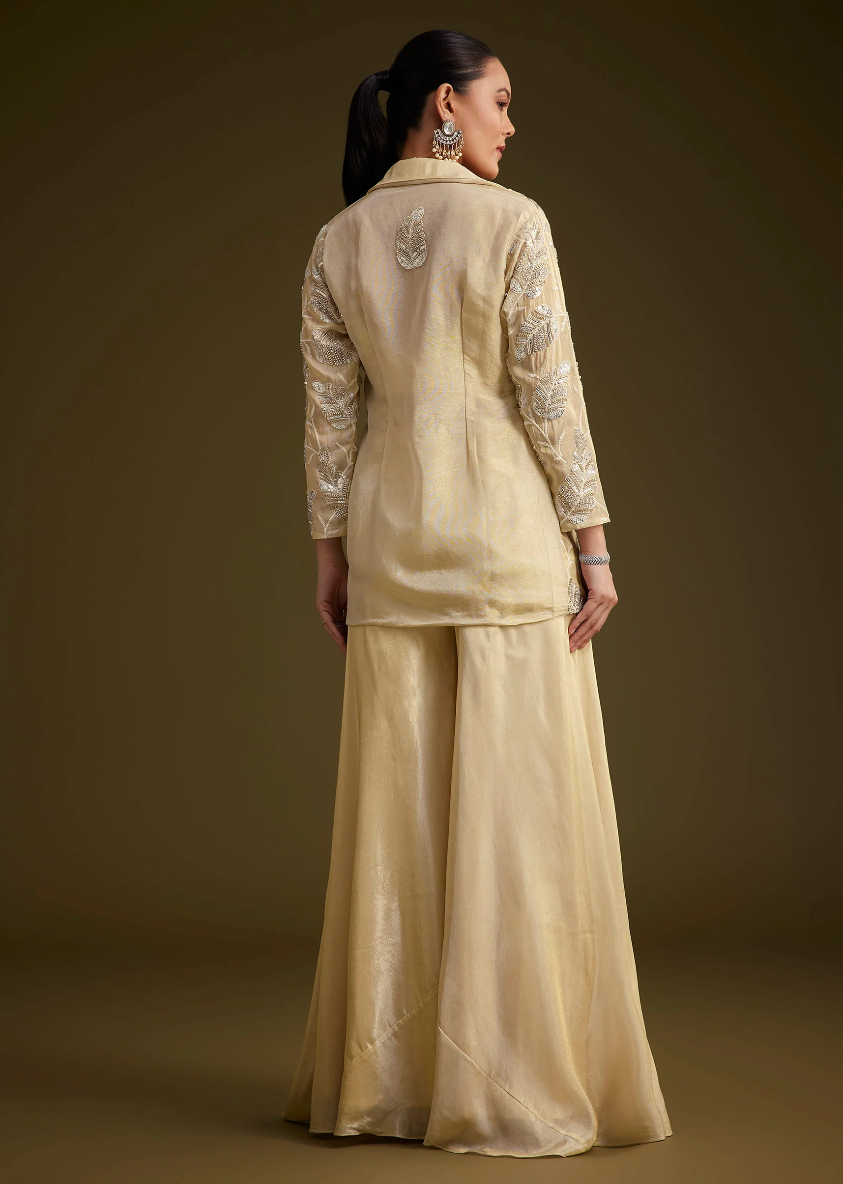 Cream Embroidered Croptop Palazzo And Jacket Set - Image 5