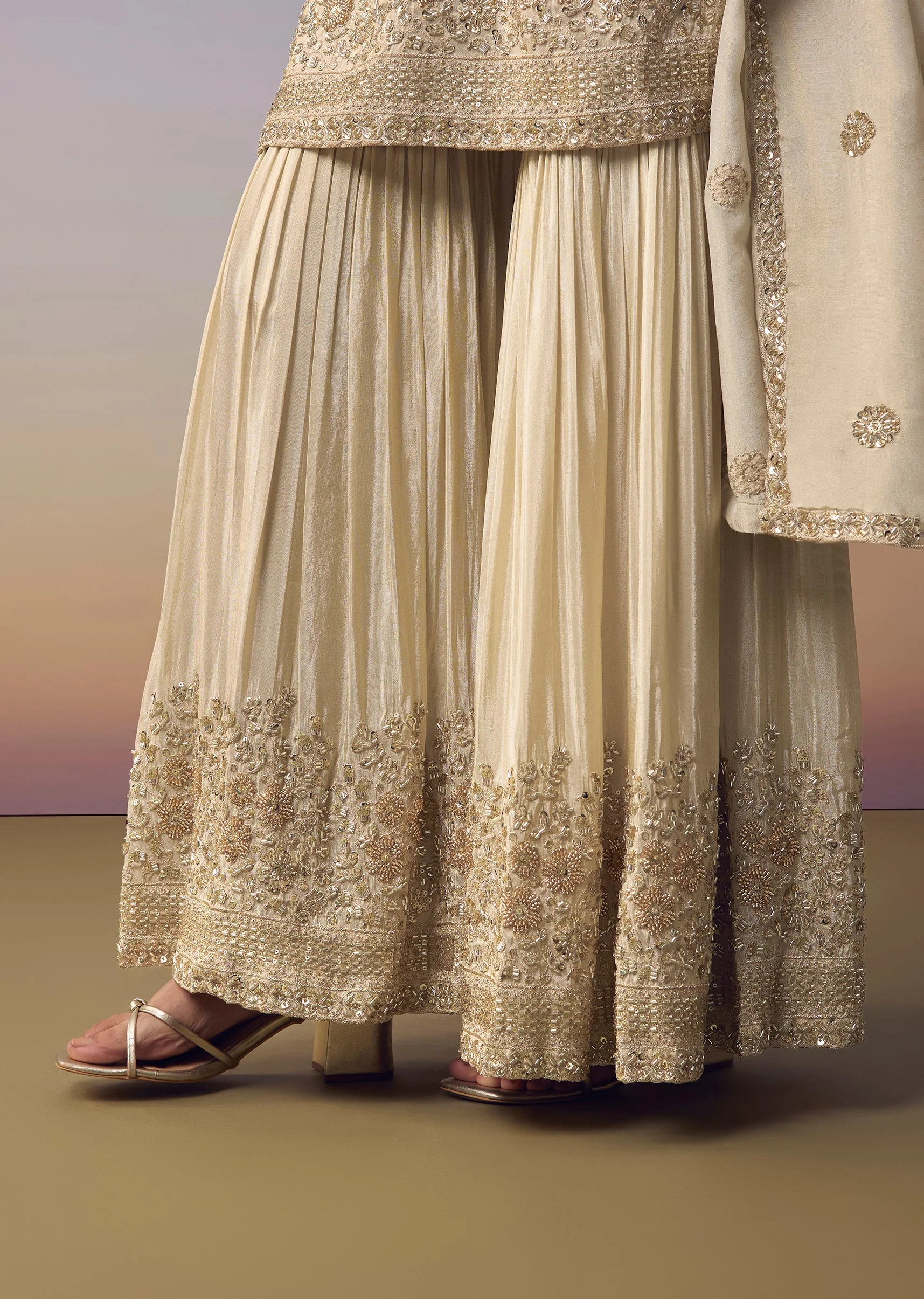Cream Embroidered Kurta Sharara Set - Image 6