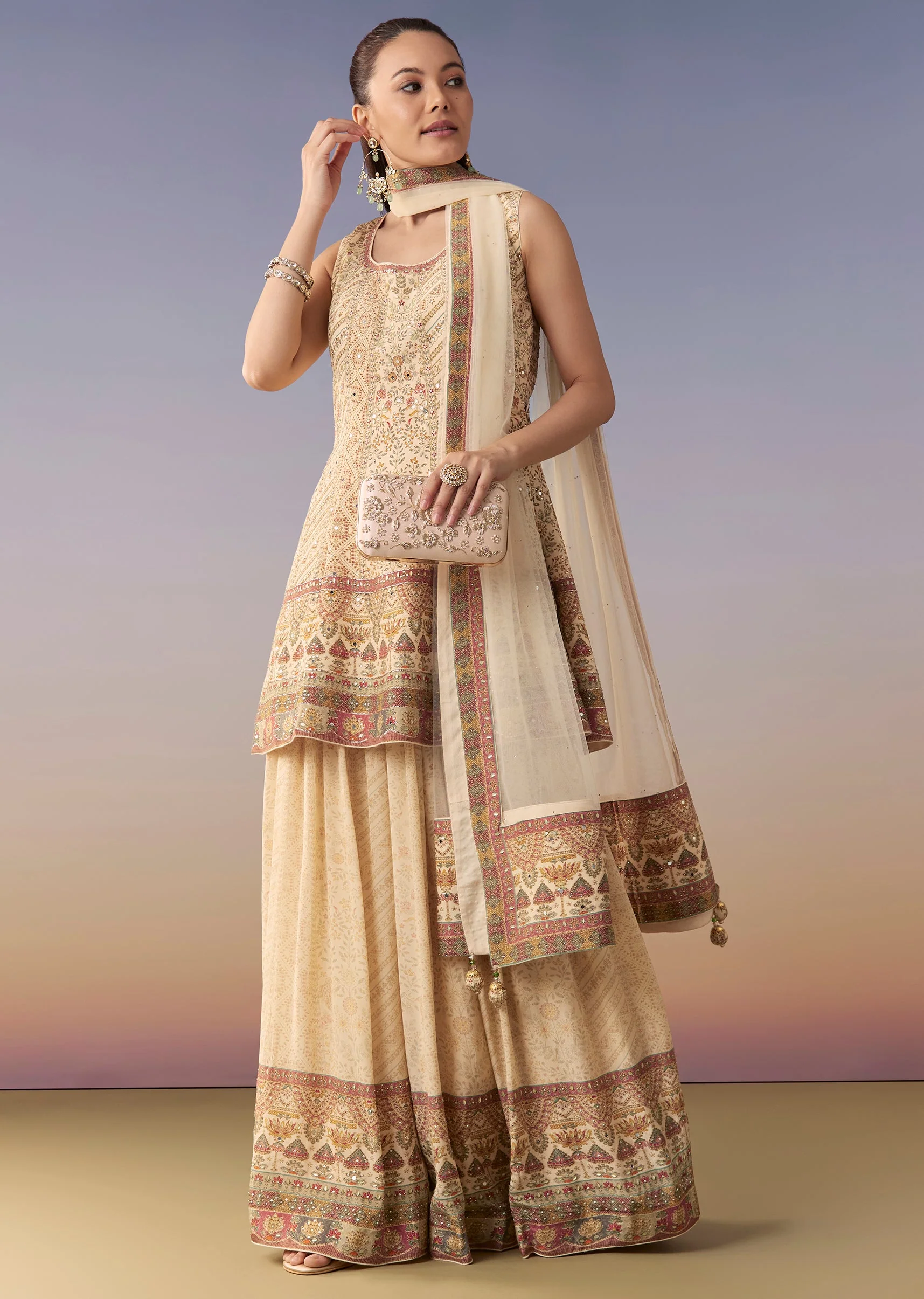 Cream Floral Printed Palazzo Set with Dupatta - Image 3