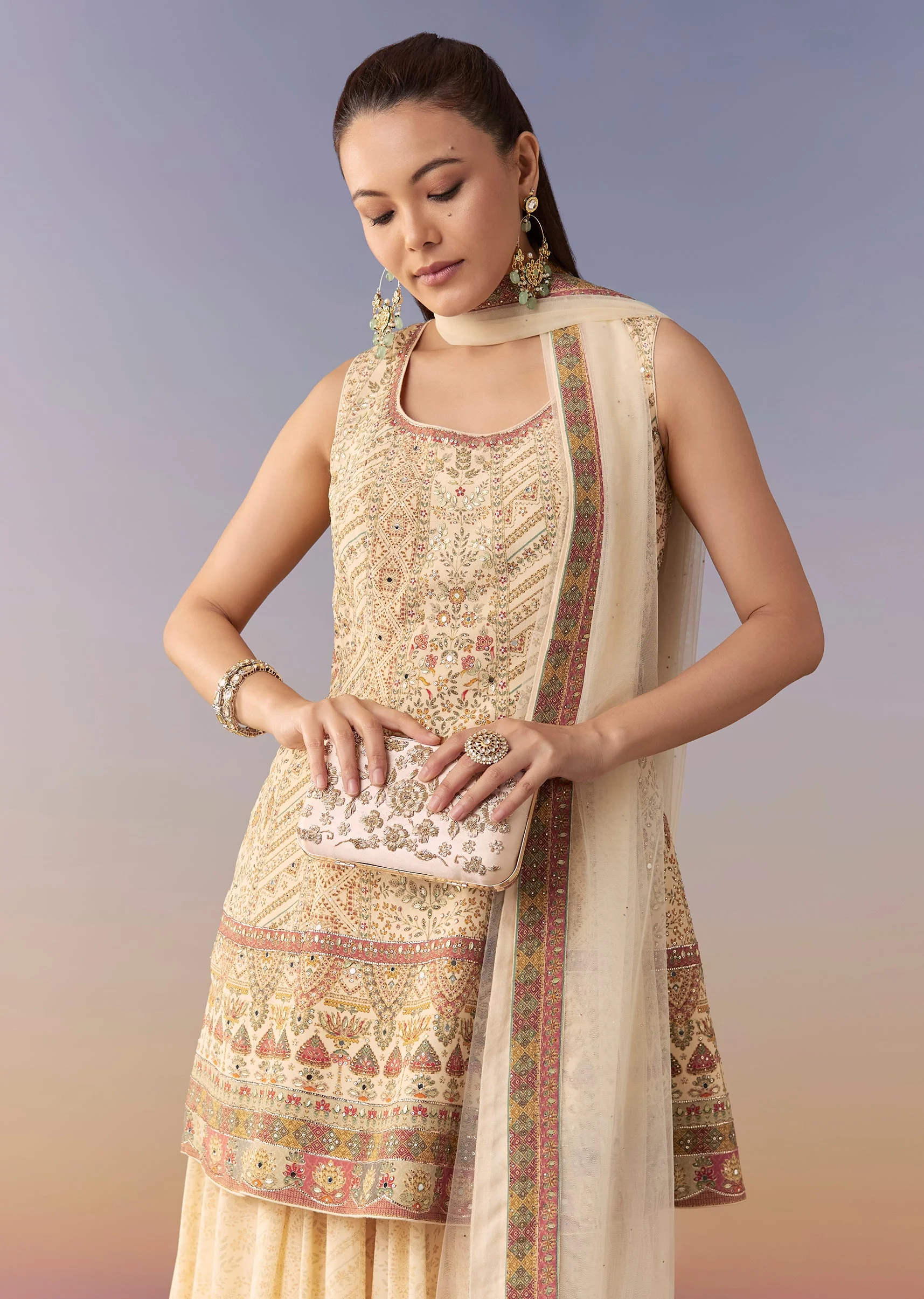 Cream Floral Printed Palazzo Set with Dupatta - Image 4