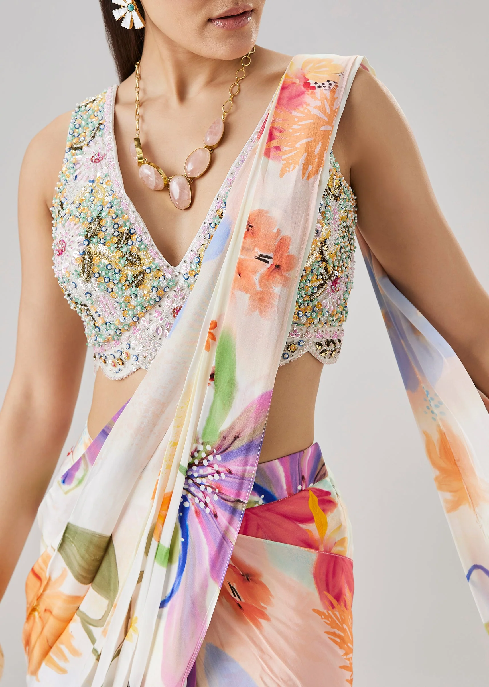 Cream Floral Printed Ready Pleated Saree With Embellished Blouse - Image 2