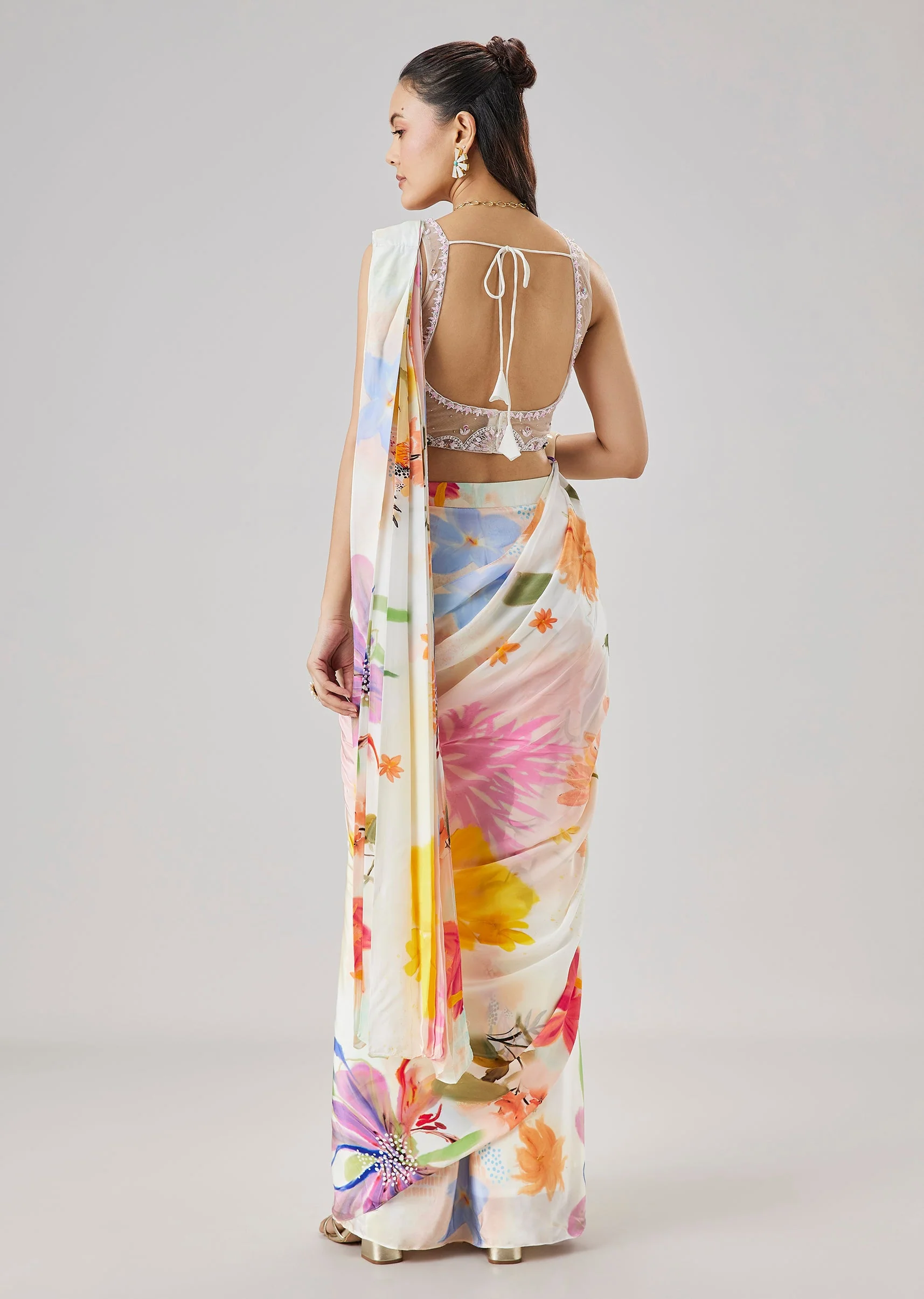 Cream Floral Printed Ready Pleated Saree With Embellished Blouse - Image 5
