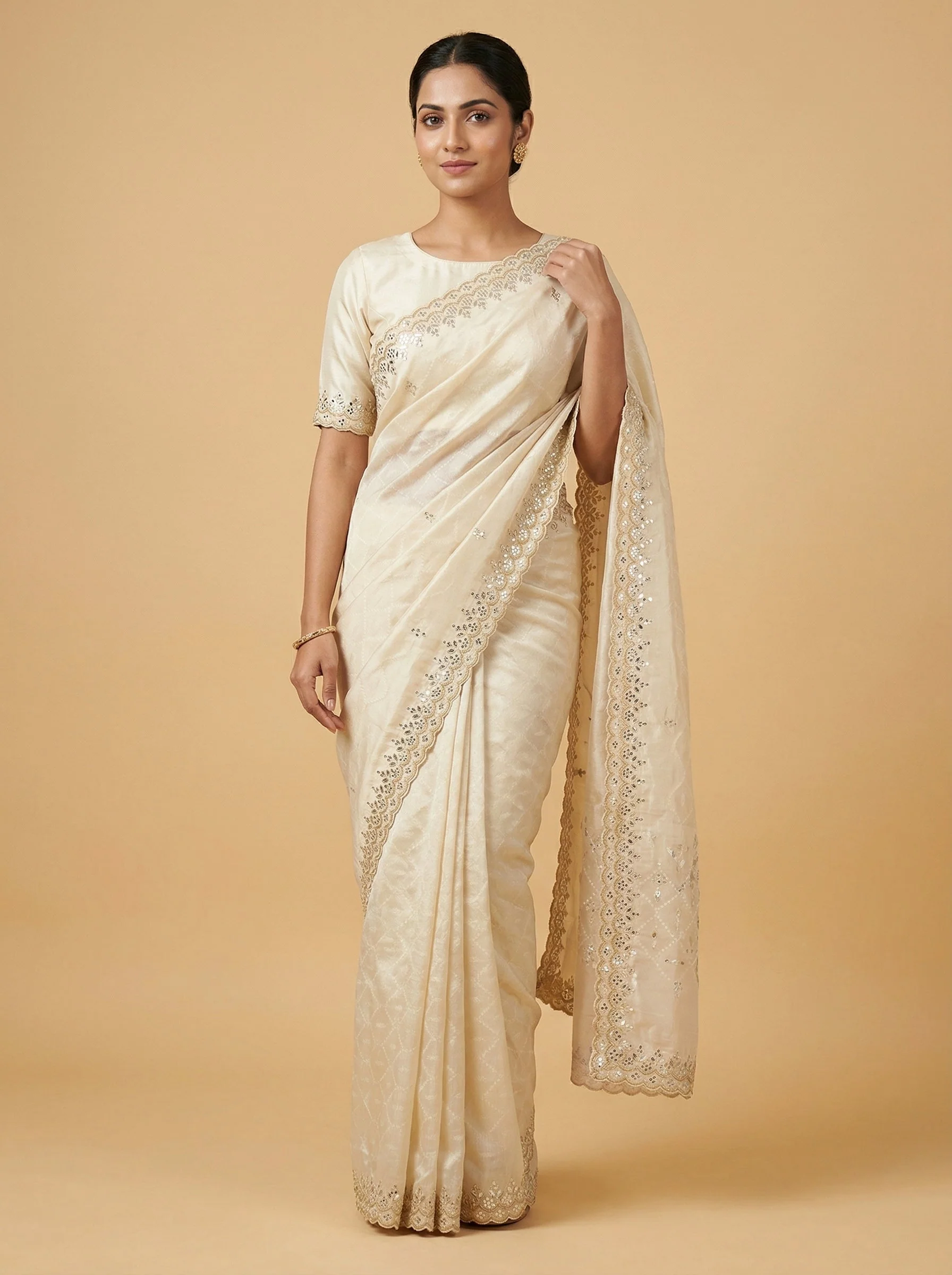 Cream Fluid Embroidered Saree