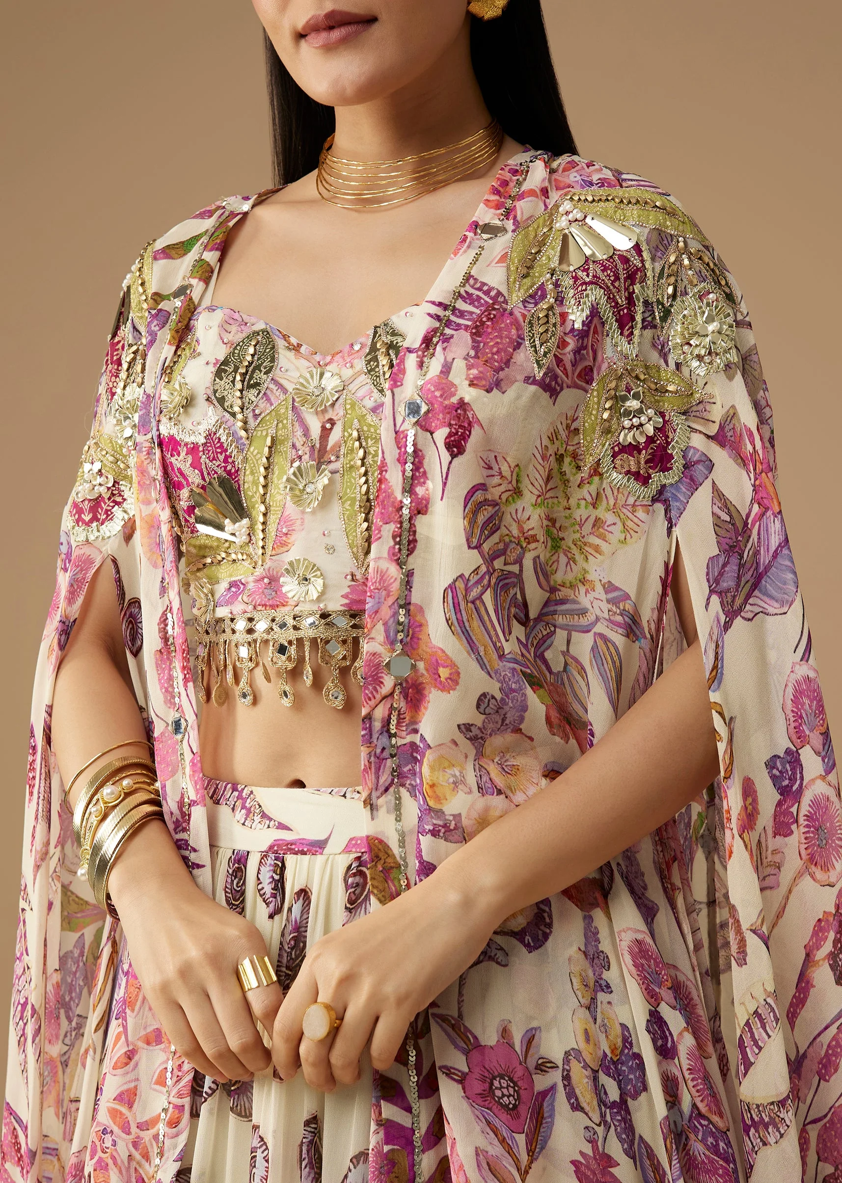 Cream Georgette Printed Lehenga Set with Cape - Image 2