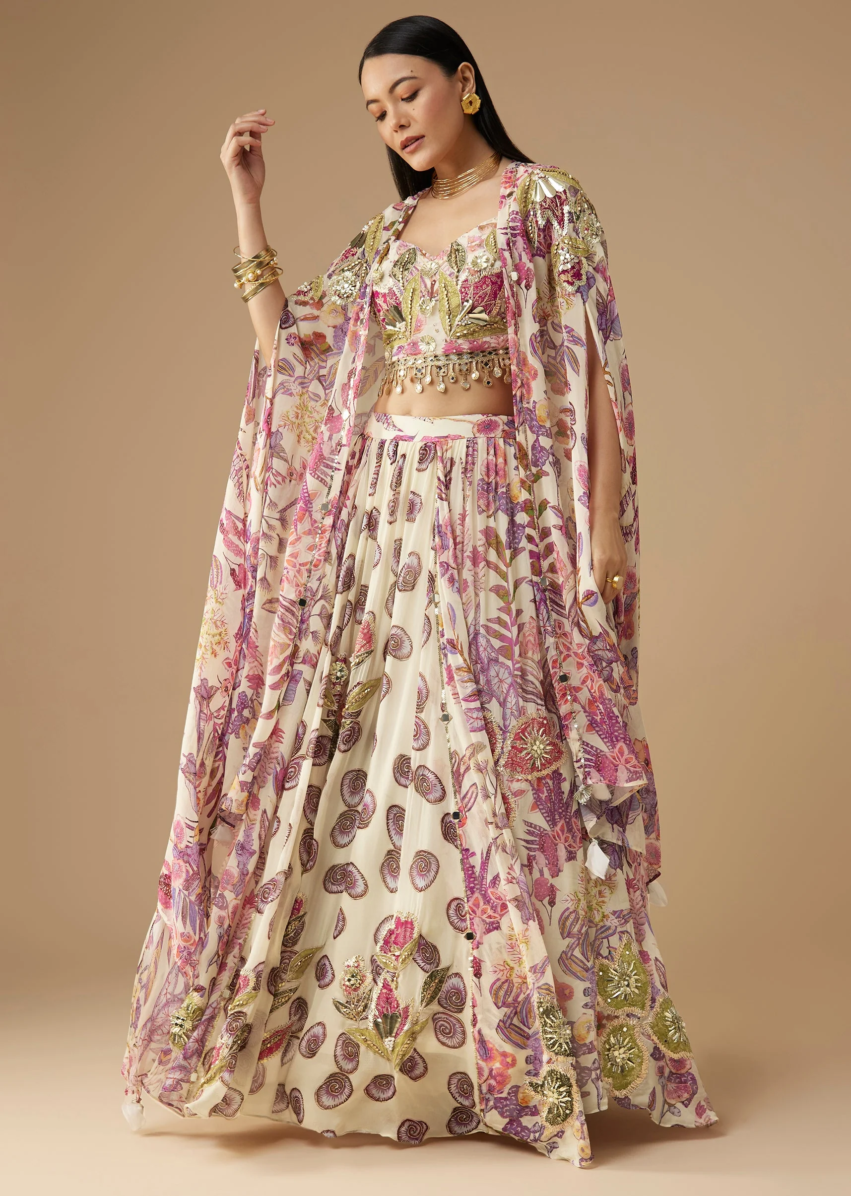 Cream Georgette Printed Lehenga Set with Cape - Image 3
