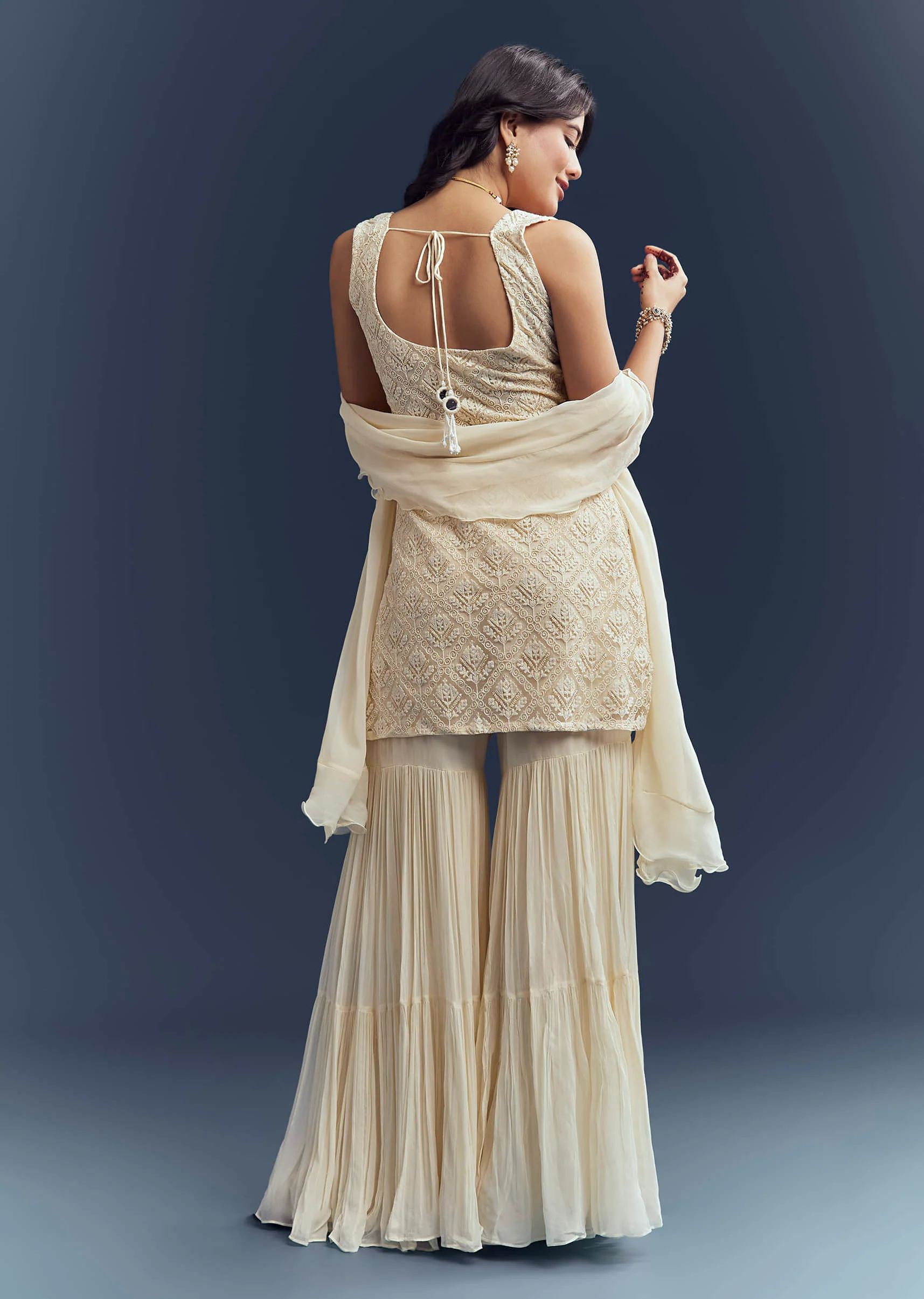 Cream Georgette Sharara Suit With Moti And Thread Embroidery - Image 3
