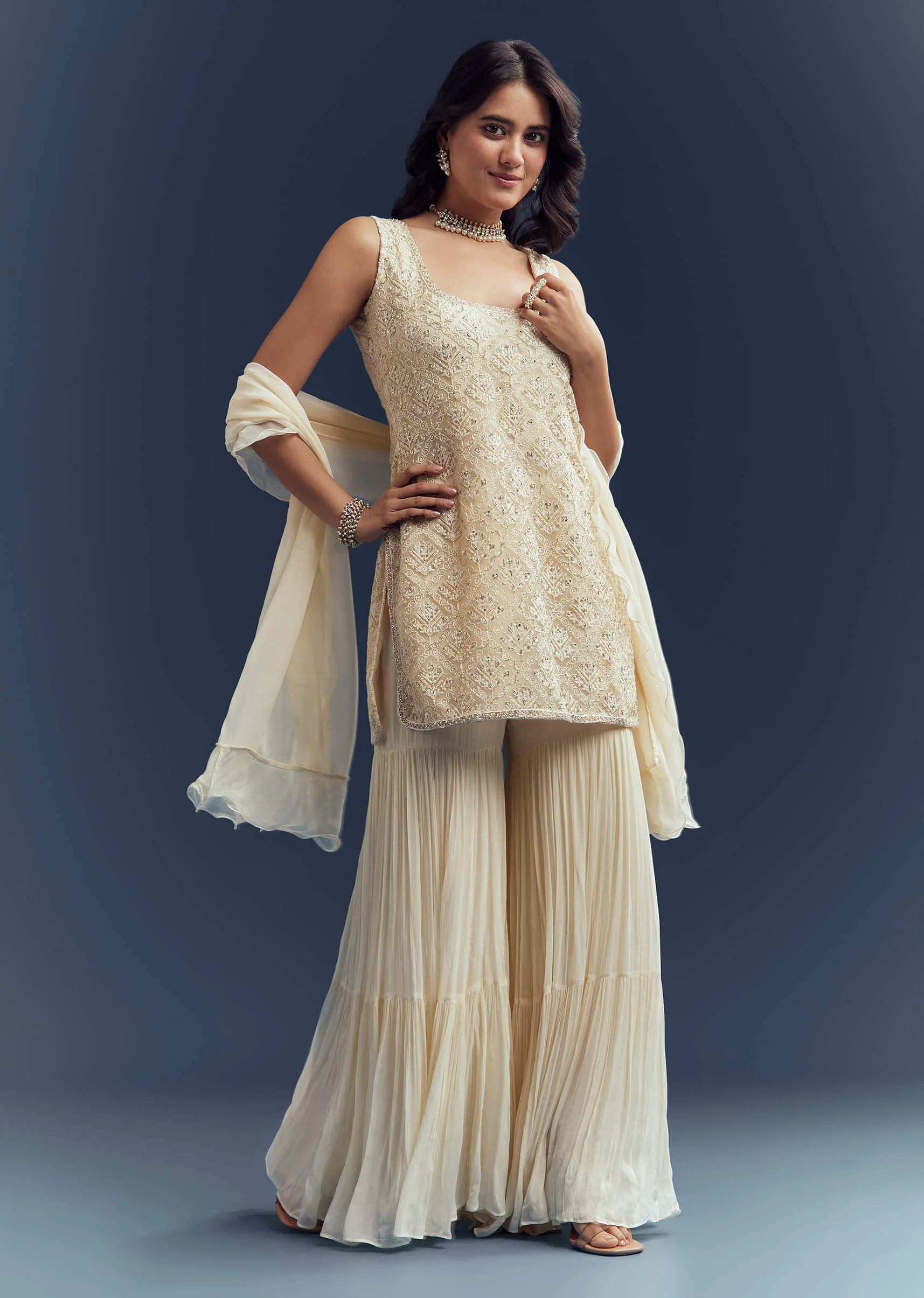 Cream Georgette Sharara Suit With Moti And Thread Embroidery - Image 4