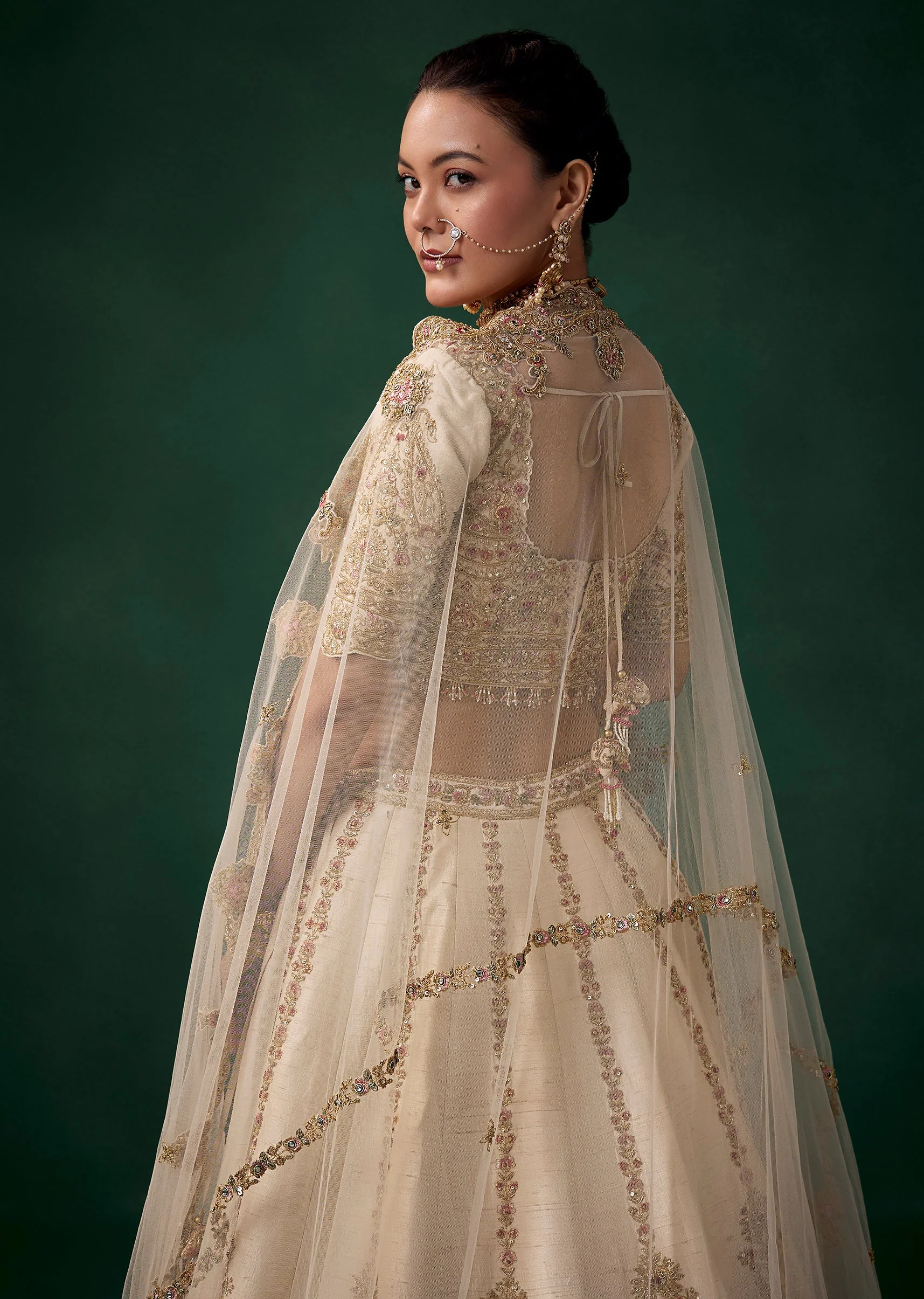 Cream Gold Thread Work Bridal Lehenga Set - Image 5
