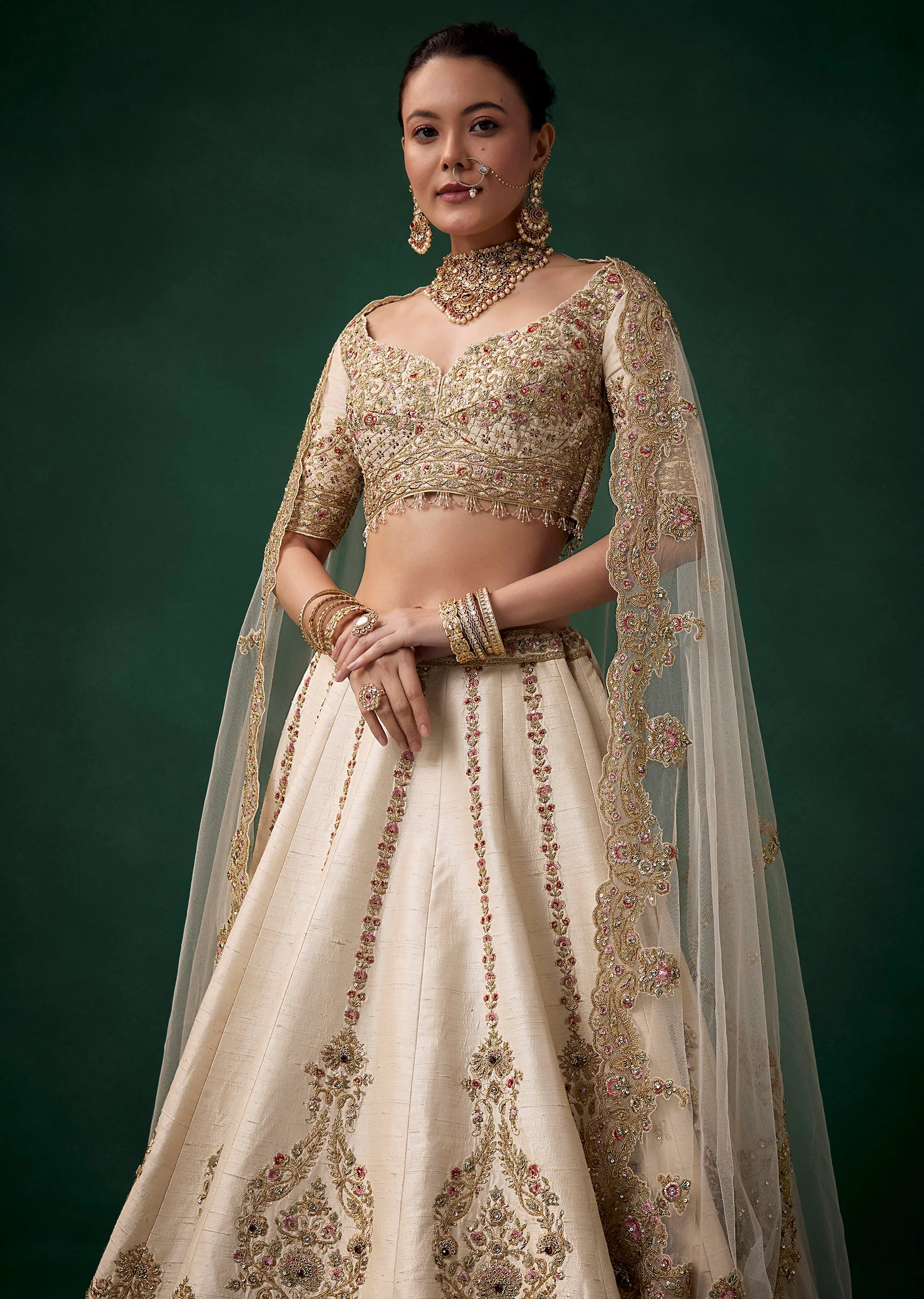 Cream Gold Thread Work Bridal Lehenga Set - Image 6