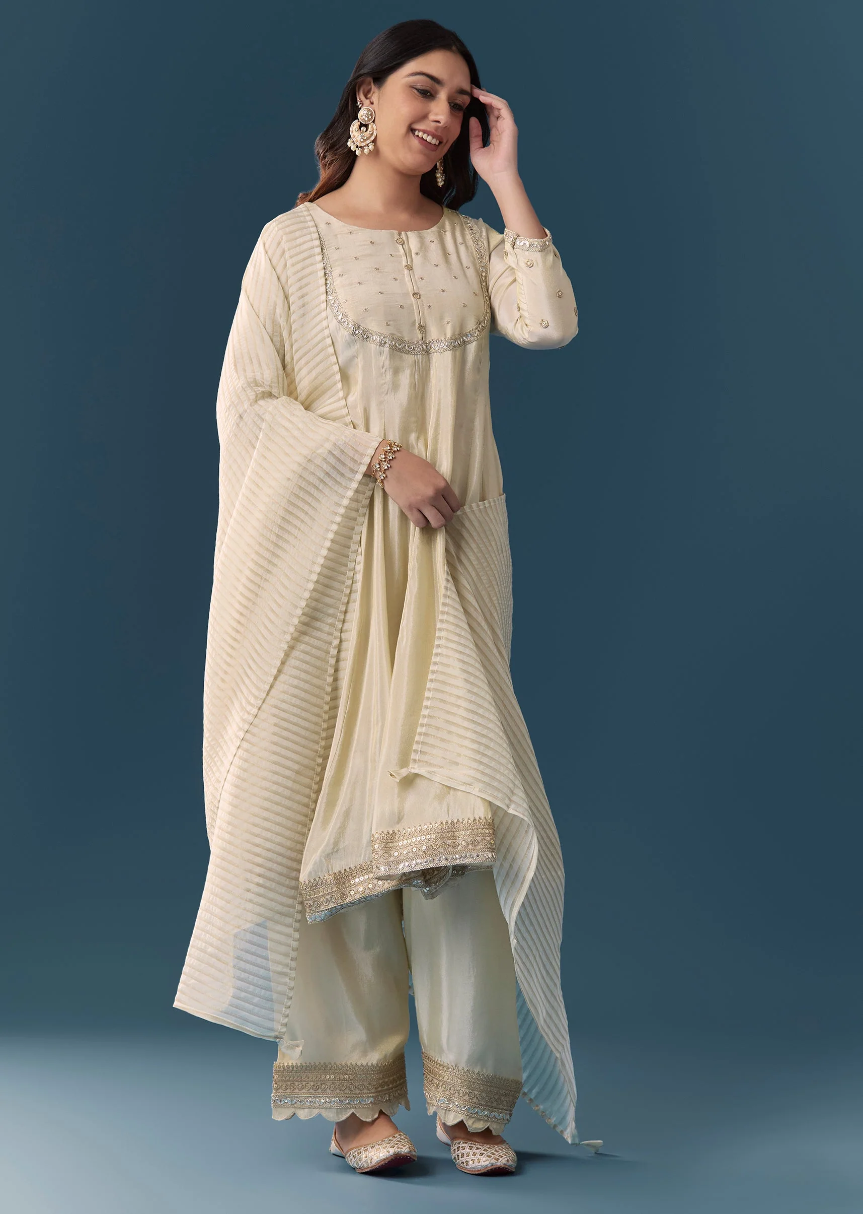 Cream Gotta Lace Tissue Anarkali Suit Set With Pant And Dupatta - Image 3