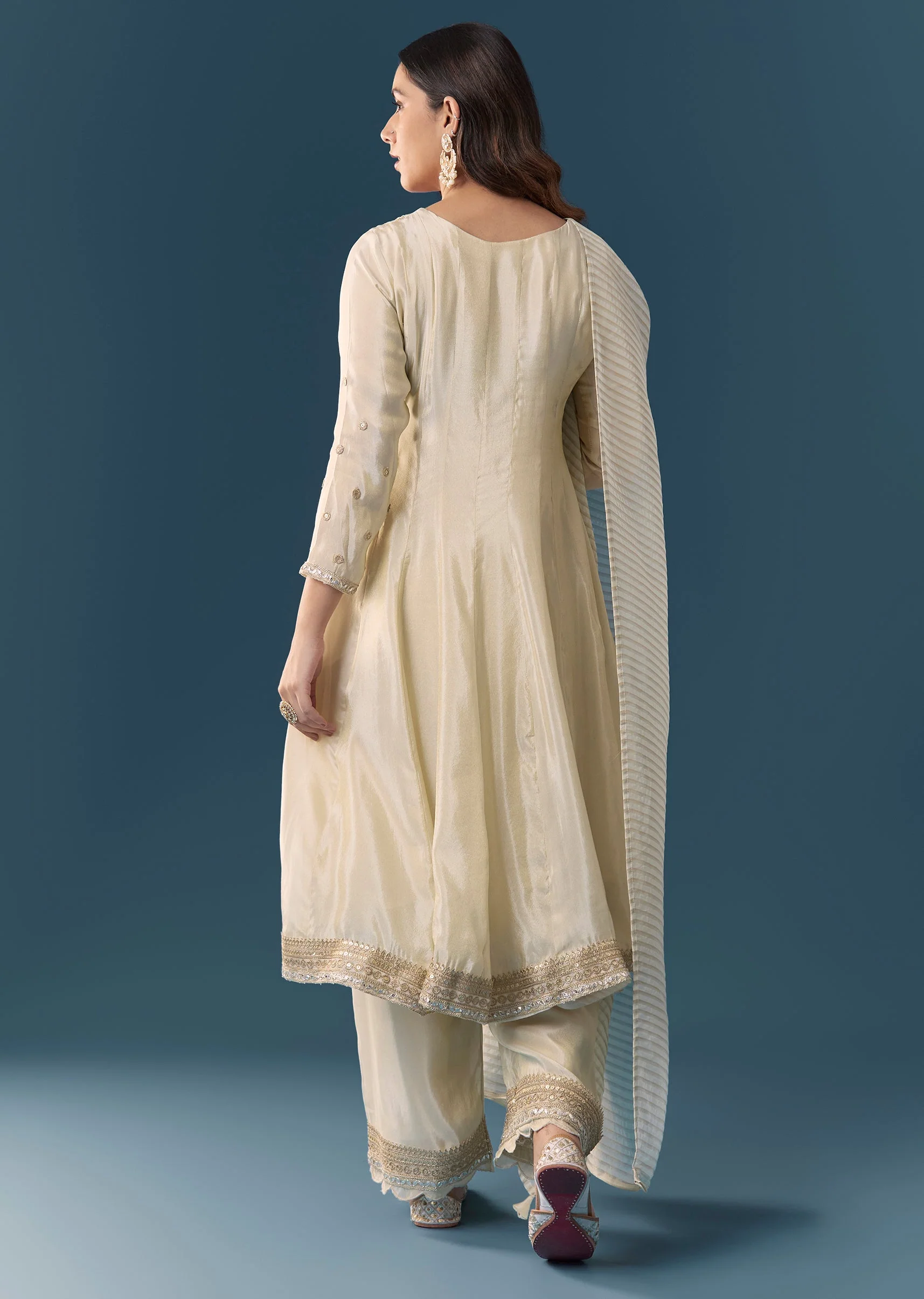 Cream Gotta Lace Tissue Anarkali Suit Set With Pant And Dupatta - Image 5