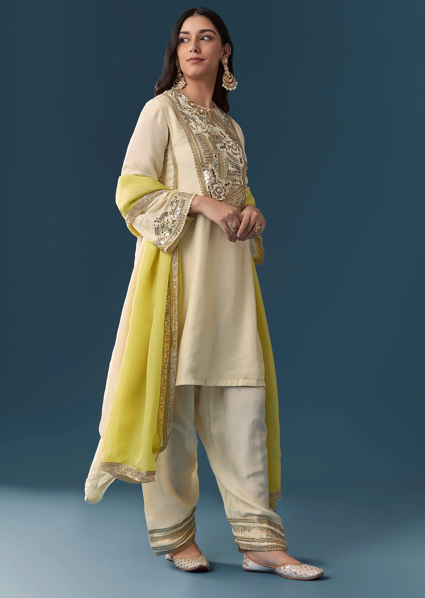 Cream Green Ombre Dupatta Kurta Set With Pant - Image 3