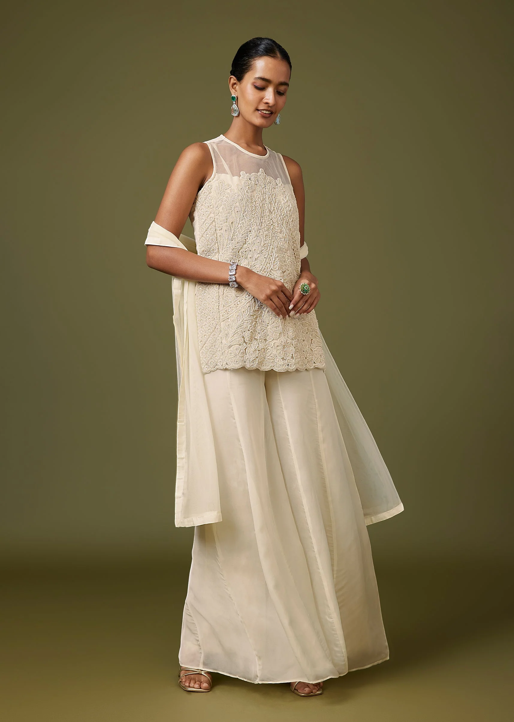 Cream Illusion Neck Net Palazzo Set With Choker Dupatta - Image 3