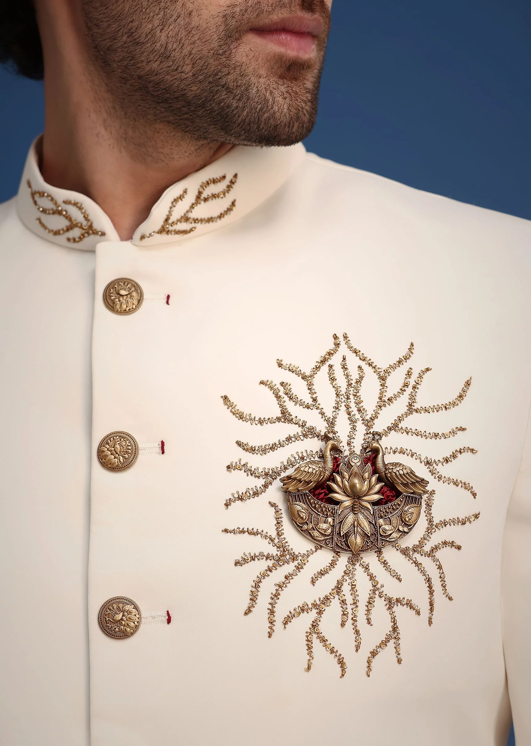 Cream Indowestern Suit With Zari And Metal Work Broach - Image 2