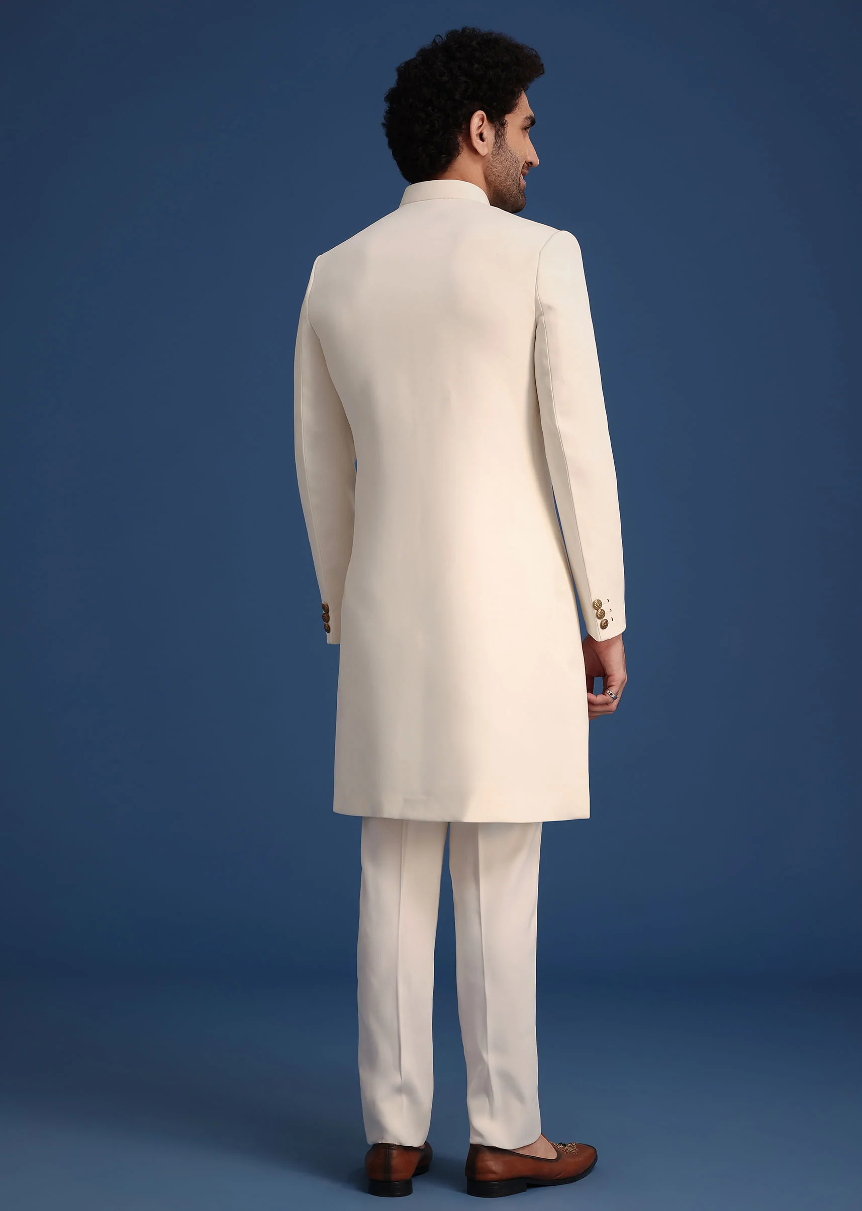 Cream Indowestern Suit With Zari And Metal Work Broach - Image 6