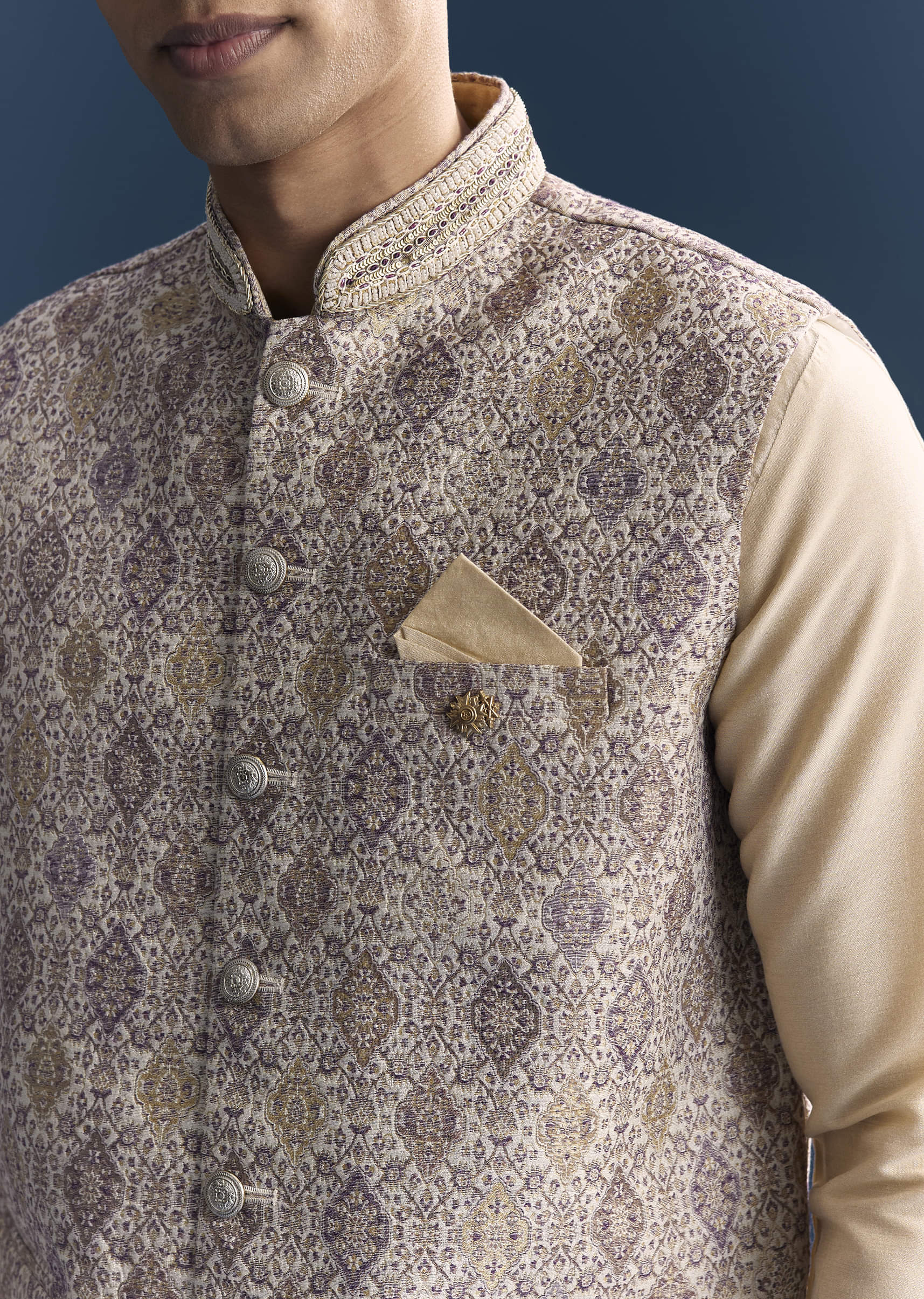 Cream Jacquard Kurta Jacket Set For Men With Printed Jacket - Image 2