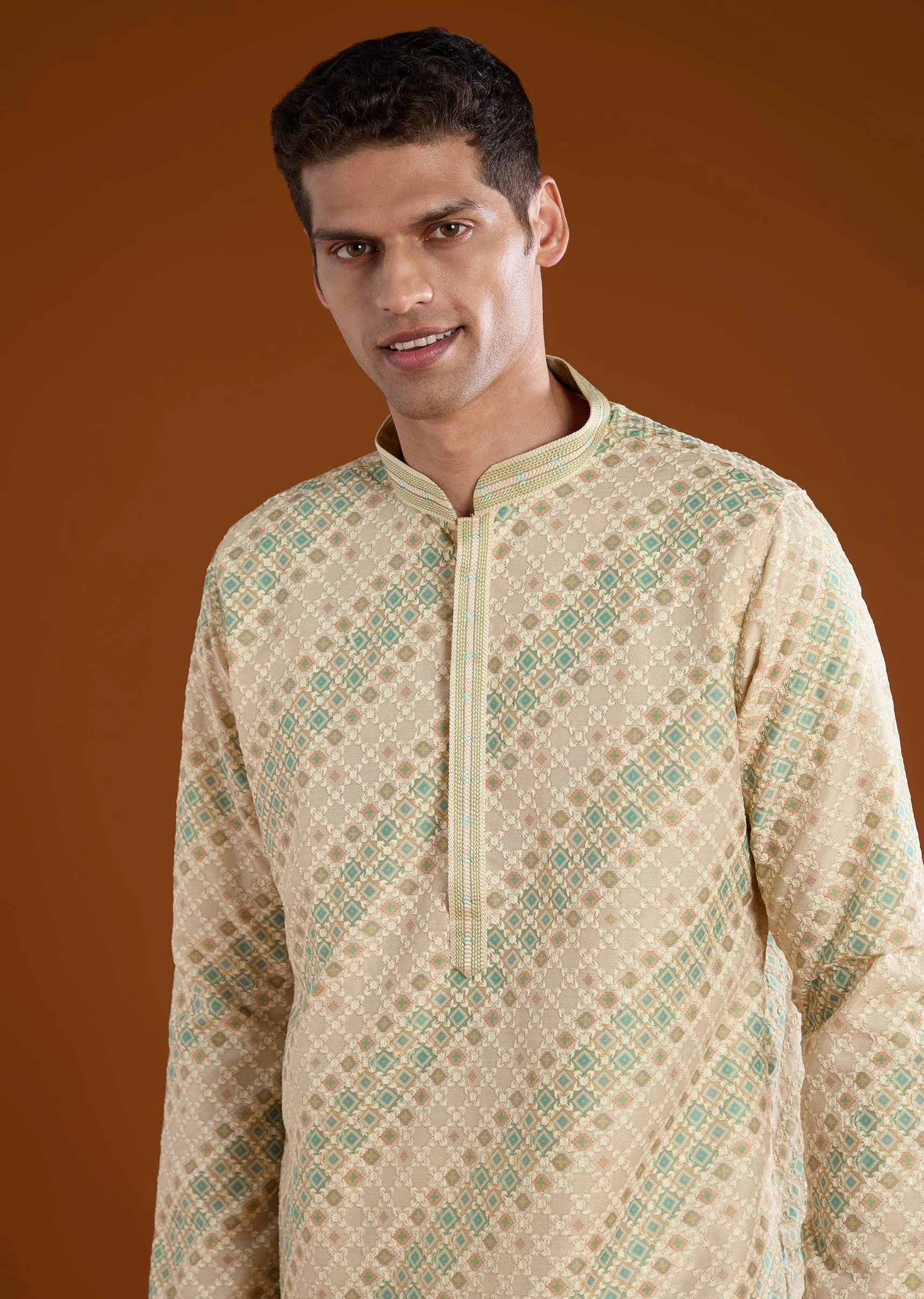 Cream Jacquard Mens Kurta Pant Set - Image 2