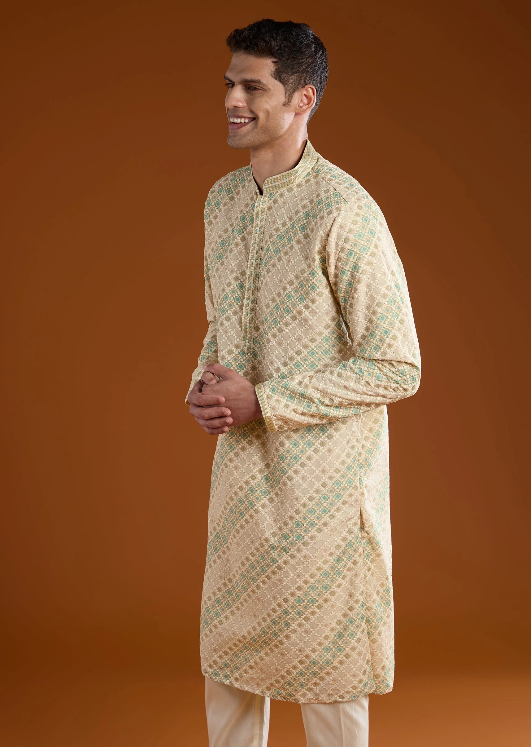 Cream Jacquard Mens Kurta Pant Set - Image 4