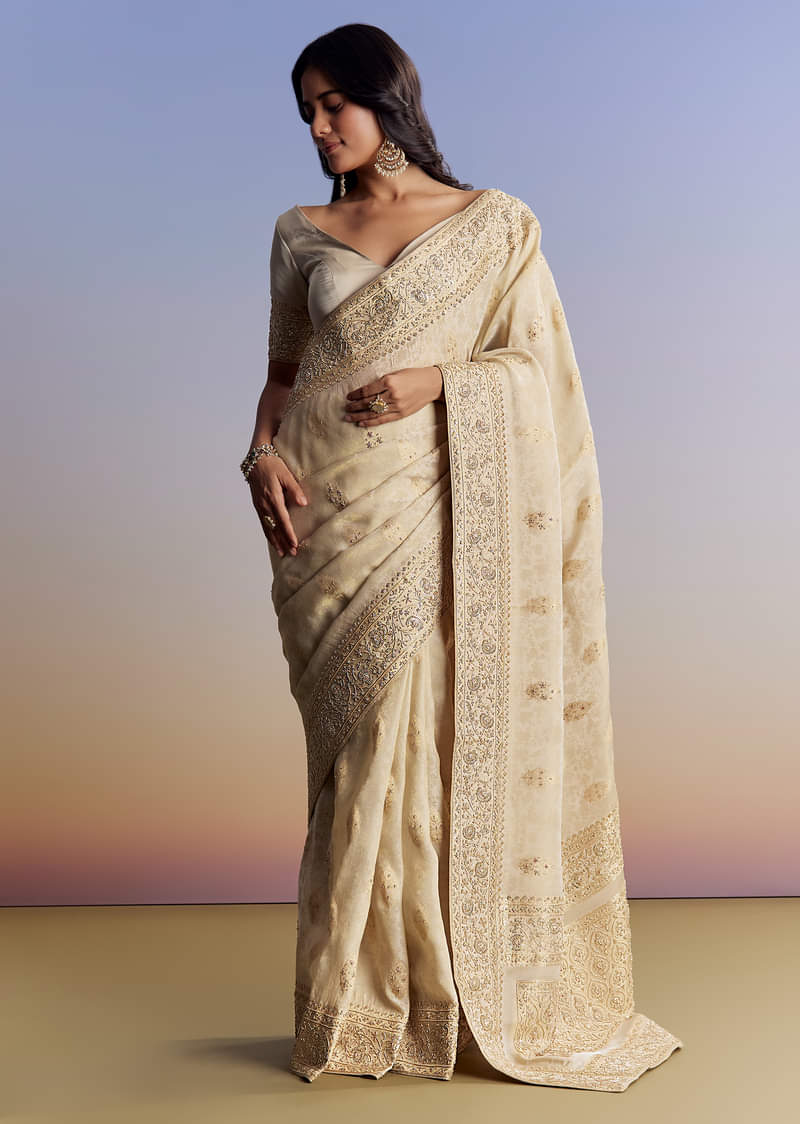 Cream Jacquard Silk Saree With Zari Brocade And Zardosi Embellished Pallu - Image 2