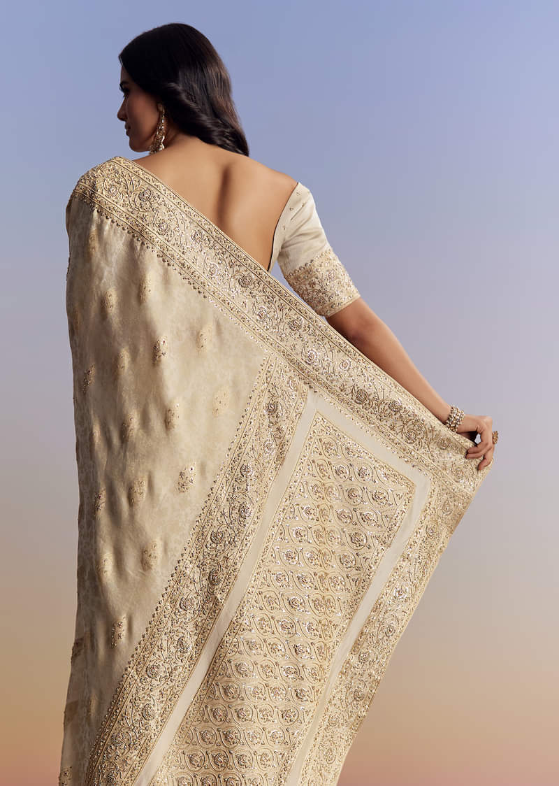 Cream Jacquard Silk Saree With Zari Brocade And Zardosi Embellished Pallu - Image 6