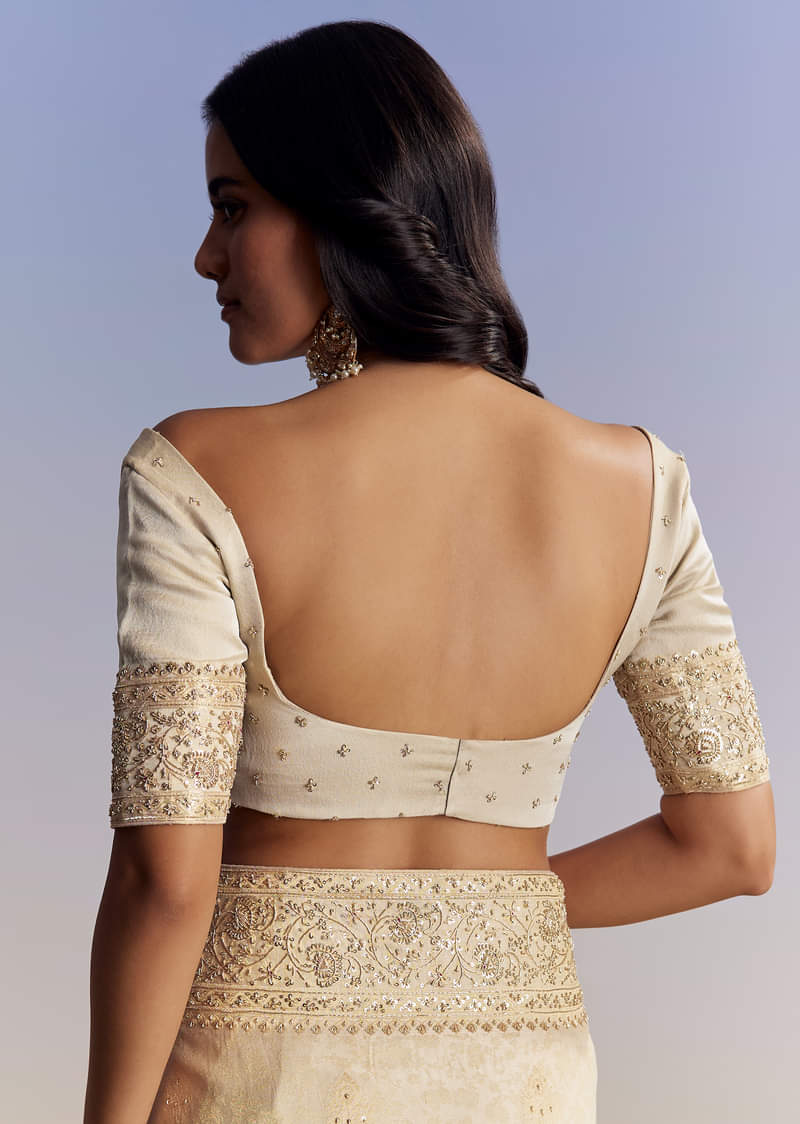 Cream Jacquard Silk Saree With Zari Brocade And Zardosi Embellished Pallu - Image 8