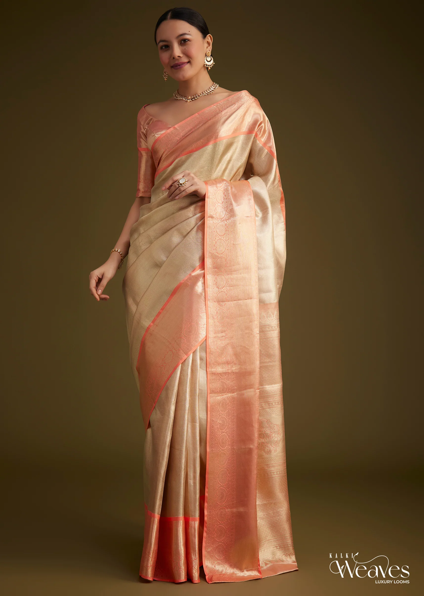 Cream Kanjivaram Silk Saree With Contrast Border And Pallu