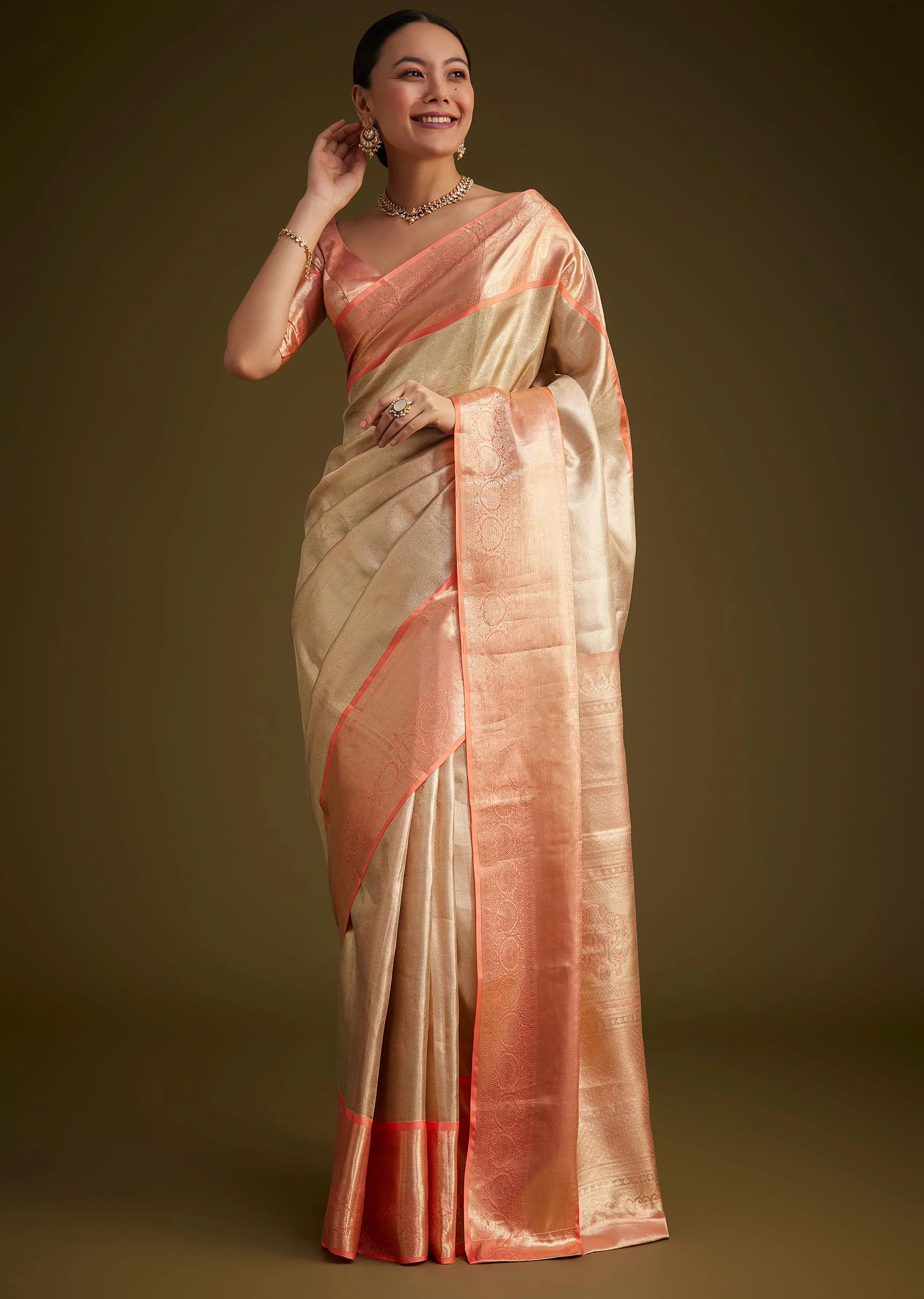 Cream Kanjivaram Silk Saree With Contrast Border And Pallu - Image 6
