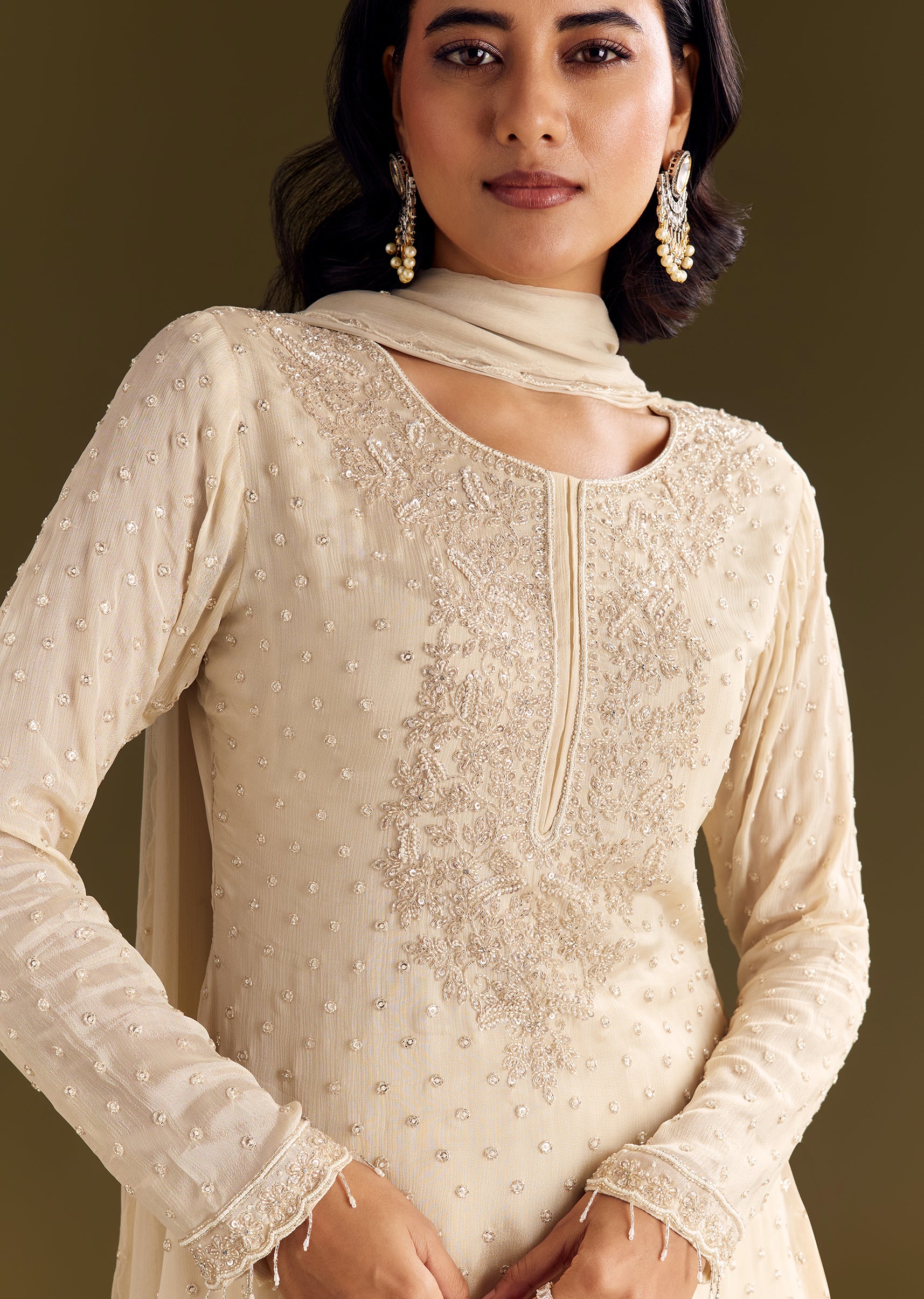 Cream Kurta Palazzo Set With Cutdana And Sequins Work - Image 3