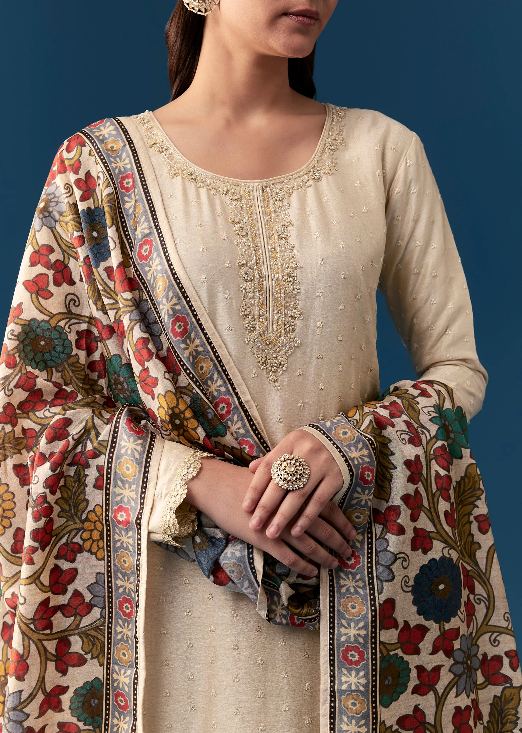 Cream Kurta Set With Resham And Moti Work - Image 2