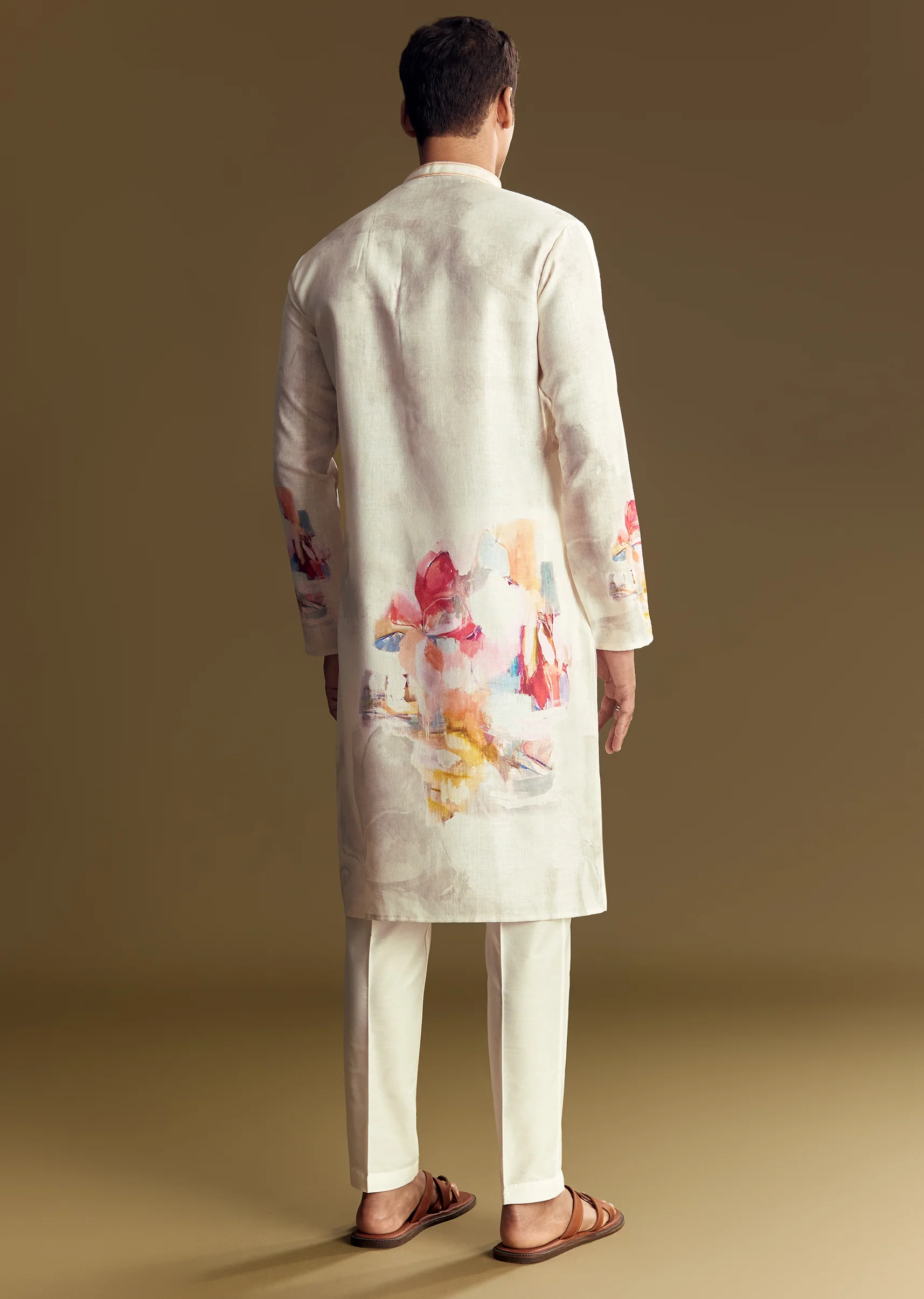 Cream Linen Kurta Set With Abstract Artistic Print - Image 5