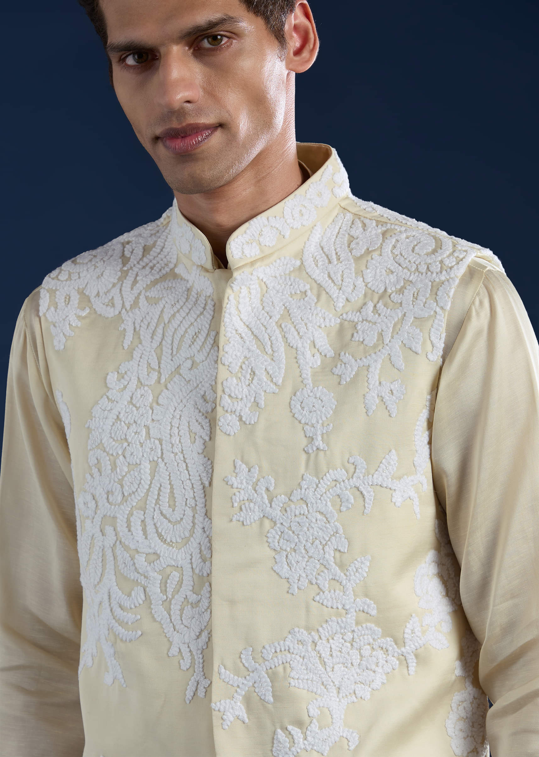 Cream Linen Satin Jacket Kurta Set with Dori Work - Image 2