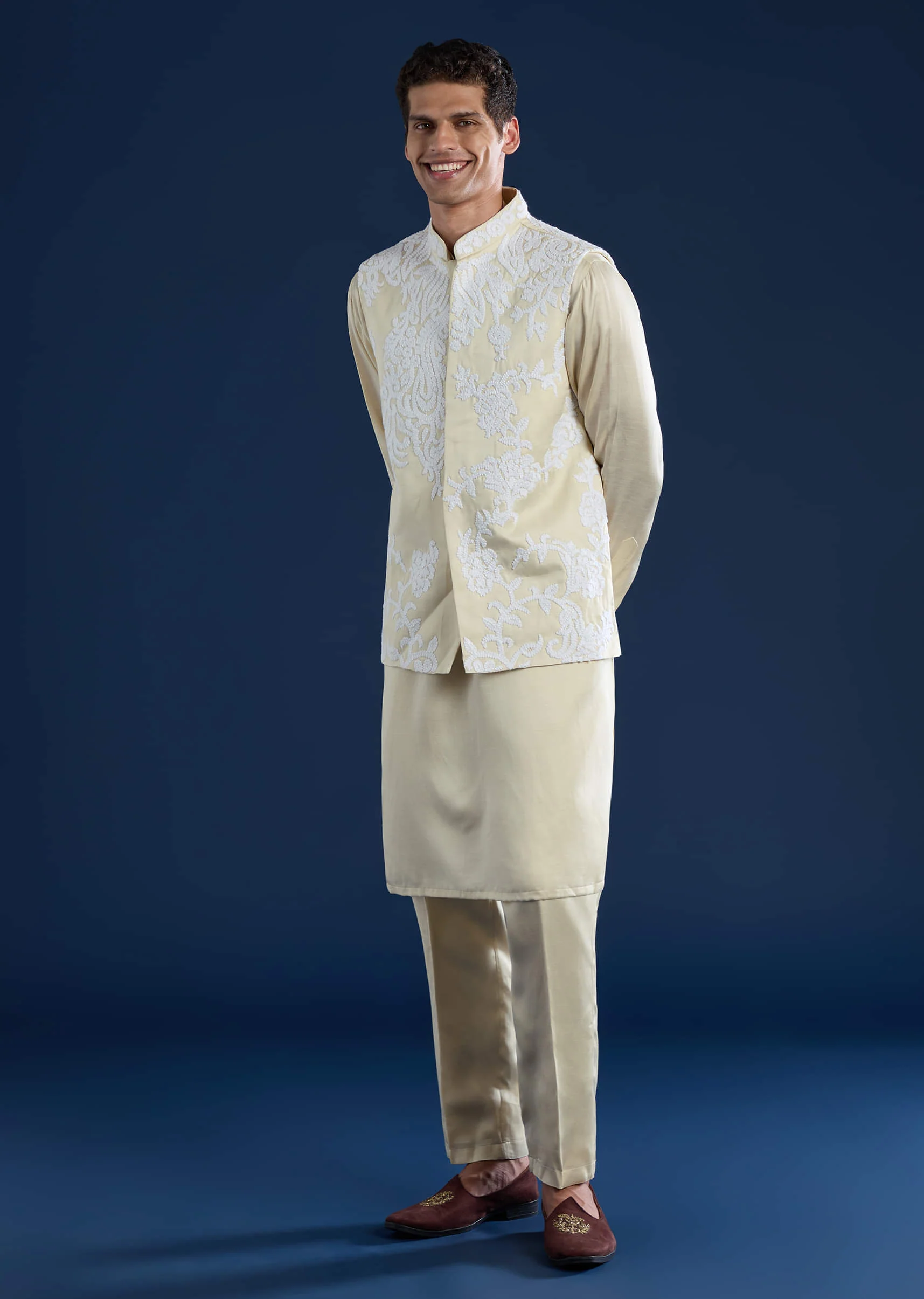 Cream Linen Satin Jacket Kurta Set with Dori Work - Image 3