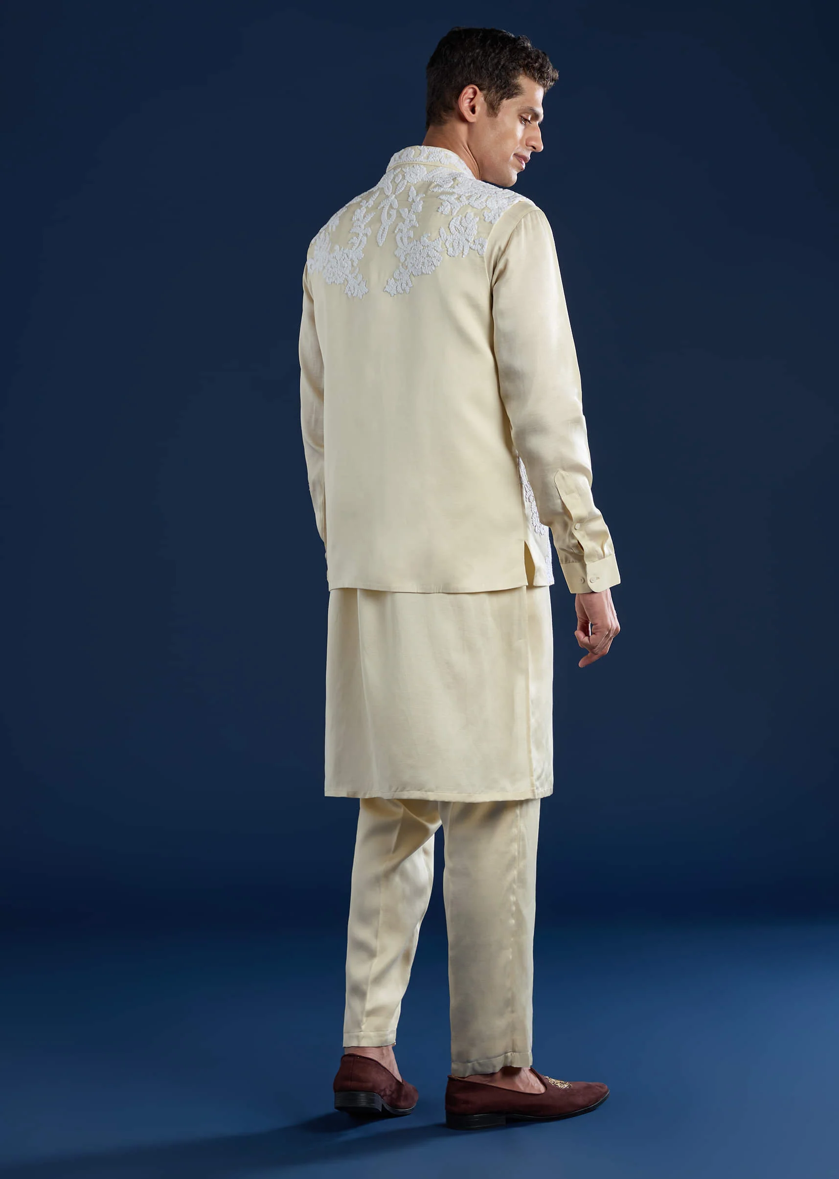 Cream Linen Satin Jacket Kurta Set with Dori Work - Image 5