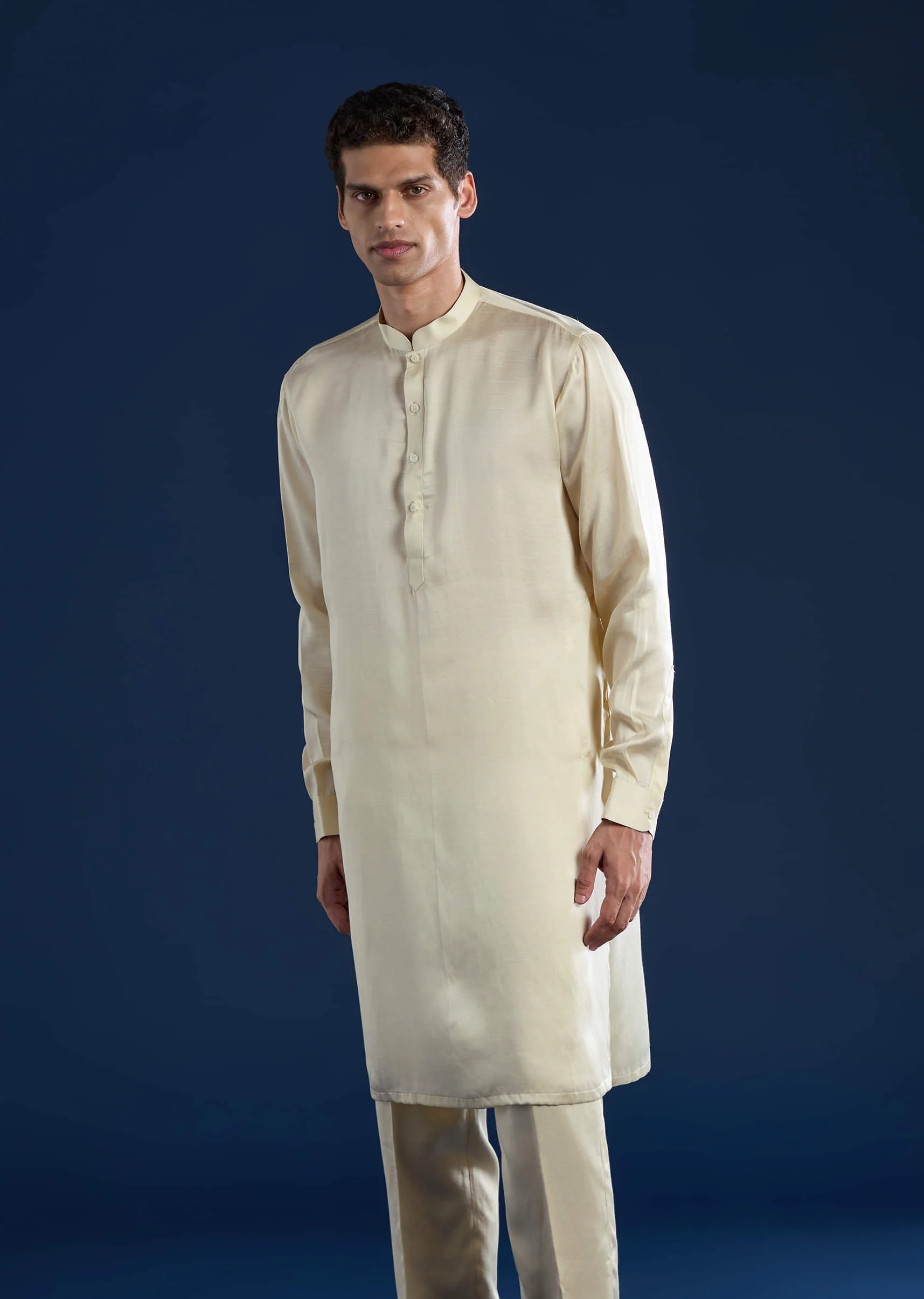 Cream Linen Satin Jacket Kurta Set with Dori Work - Image 6