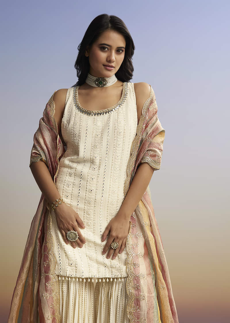 Cream Lucknowi Sharara Set With Tissue Dupatta - Image 3