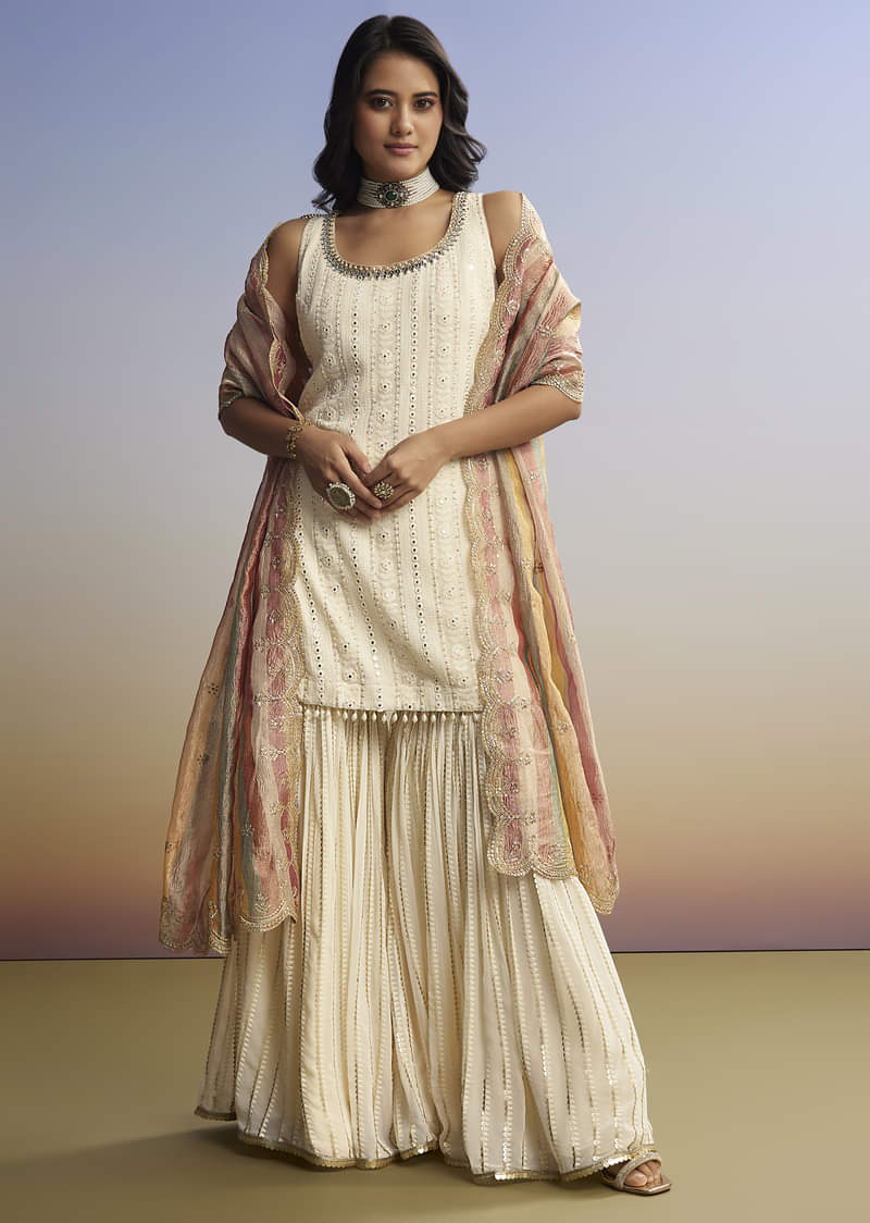 Cream Lucknowi Sharara Set With Tissue Dupatta - Image 4