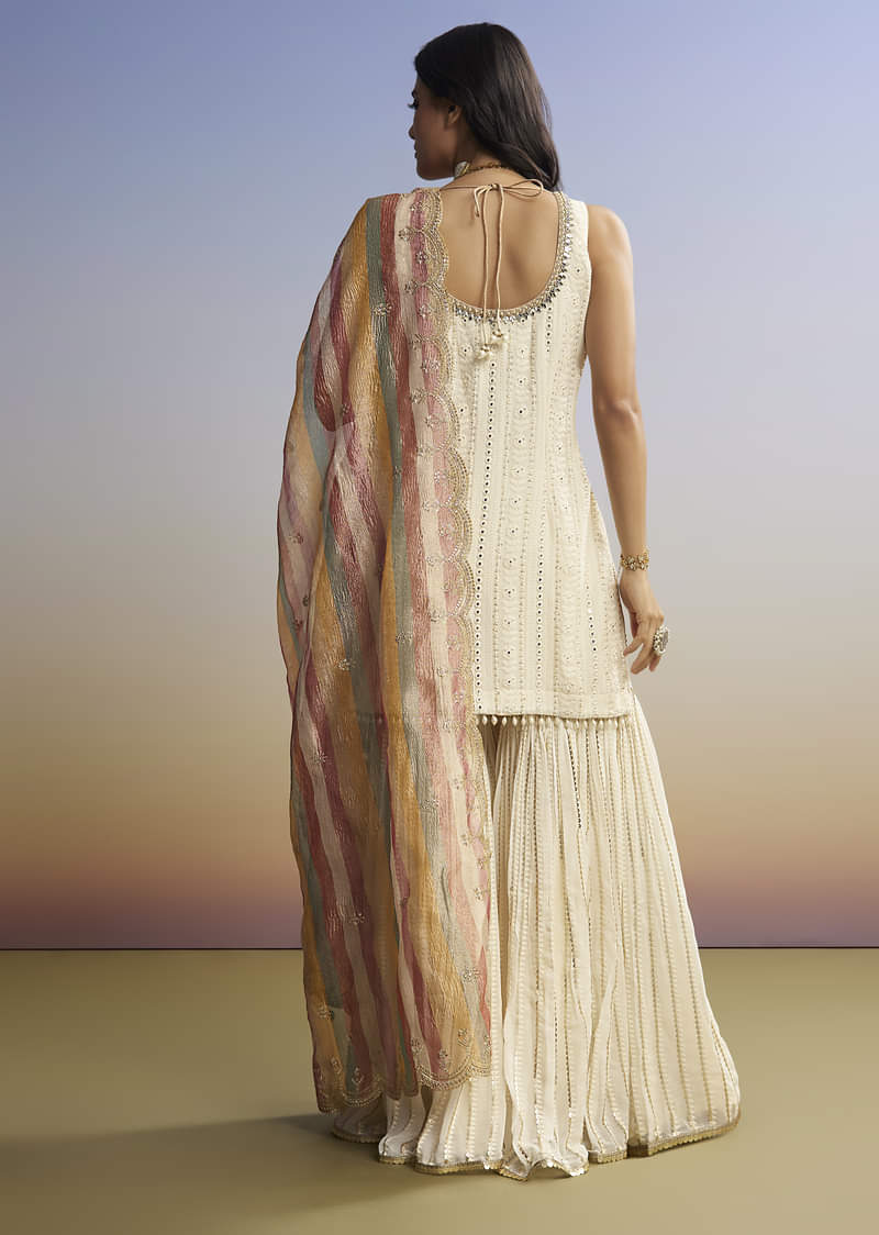 Cream Lucknowi Sharara Set With Tissue Dupatta - Image 6