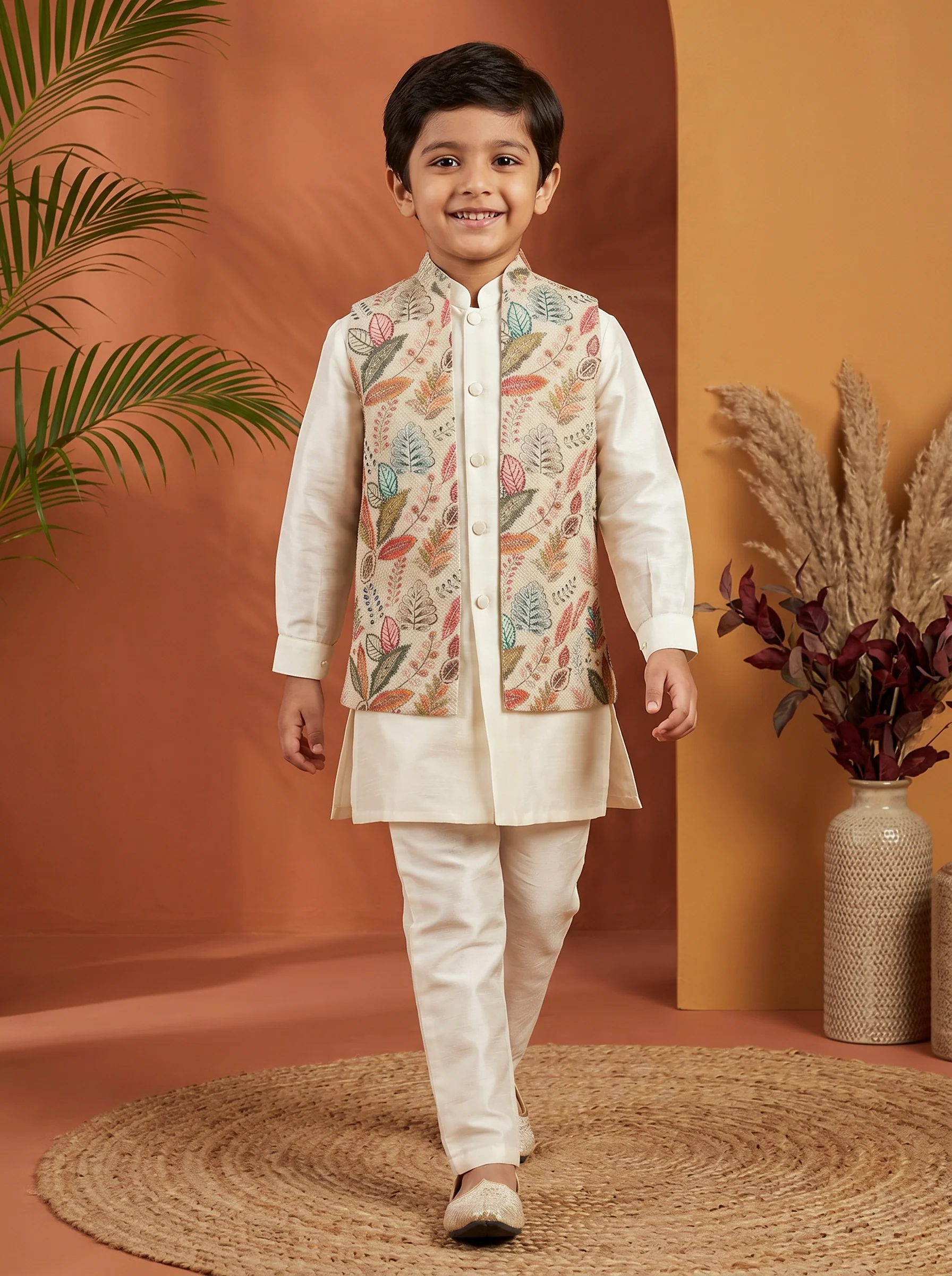 Cream Multi Floral Nehru Jacket Set