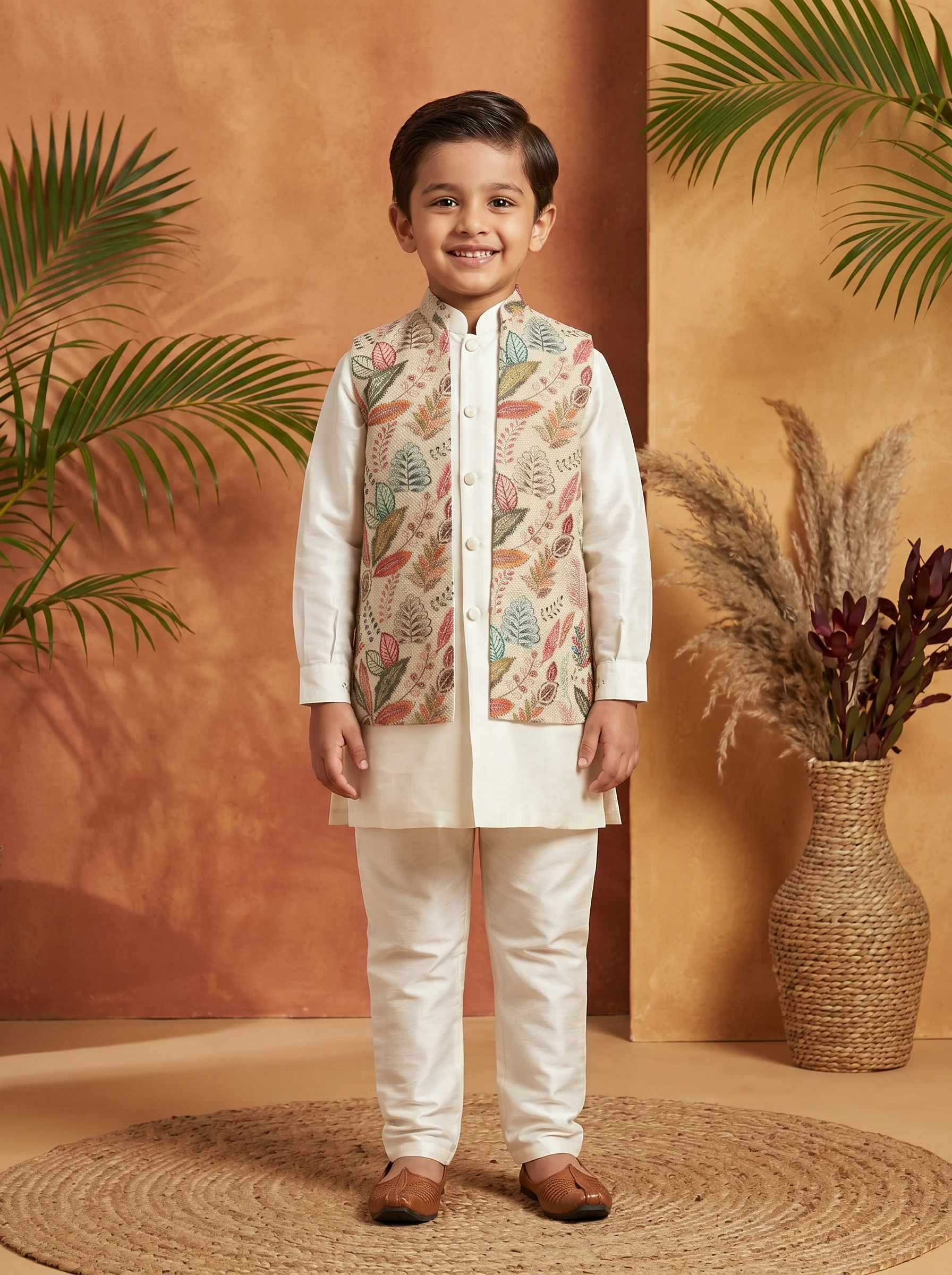 Cream Multi Floral Nehru Jacket Set - Image 2
