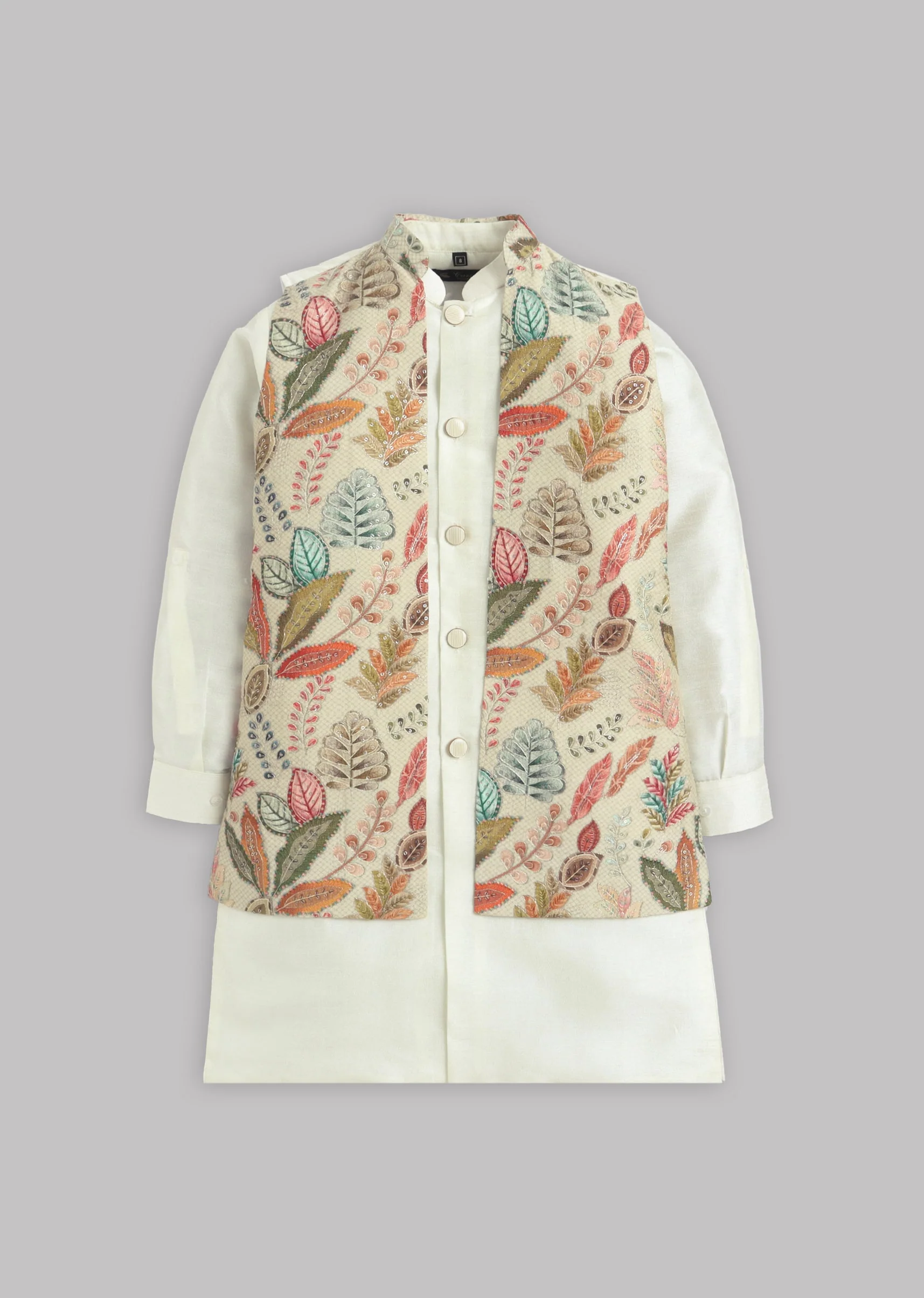 Cream Multi Floral Nehru Jacket Set - Image 4