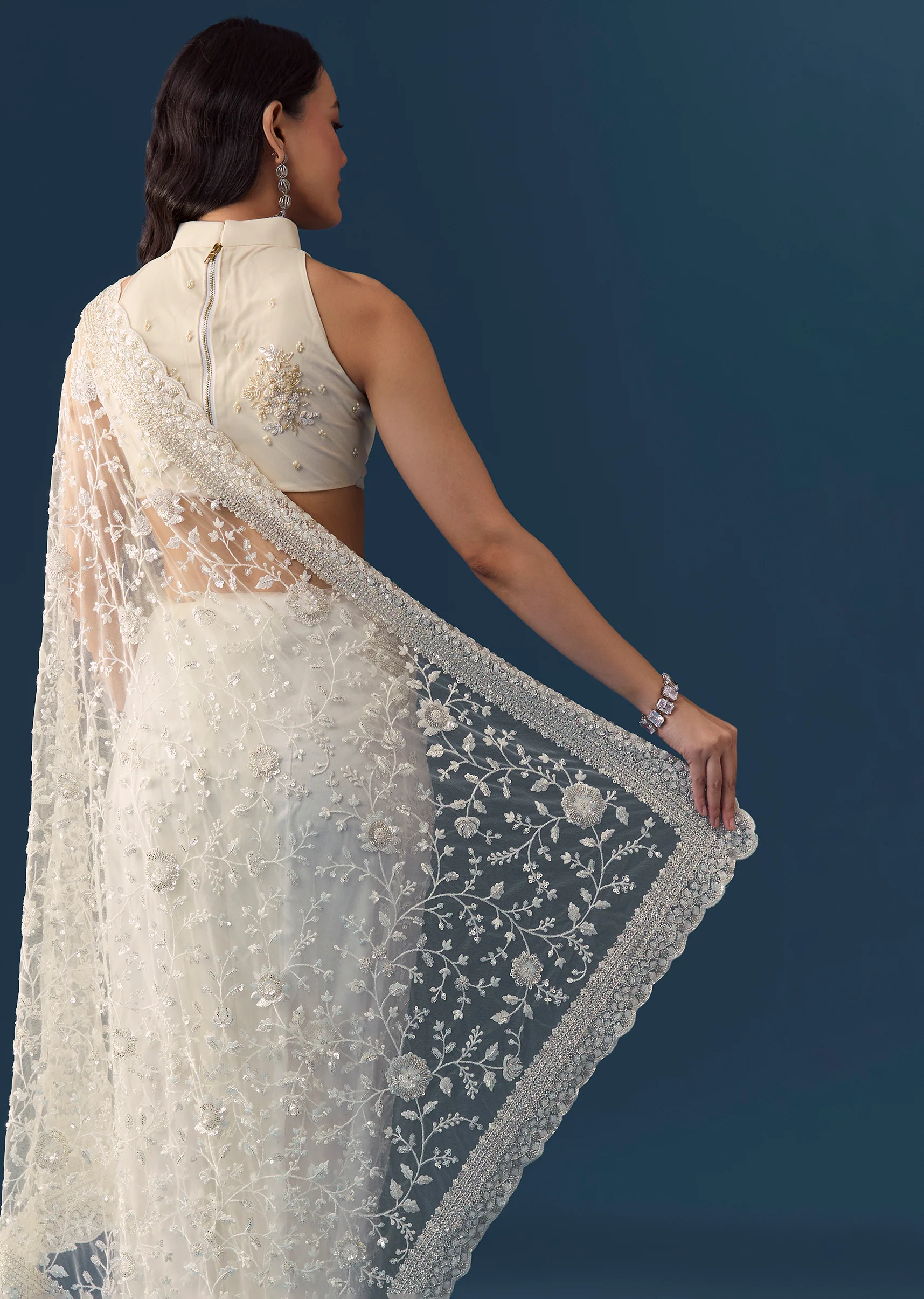 Cream Net Jaal Embellished Saree with Unstitched Blouse - Image 6