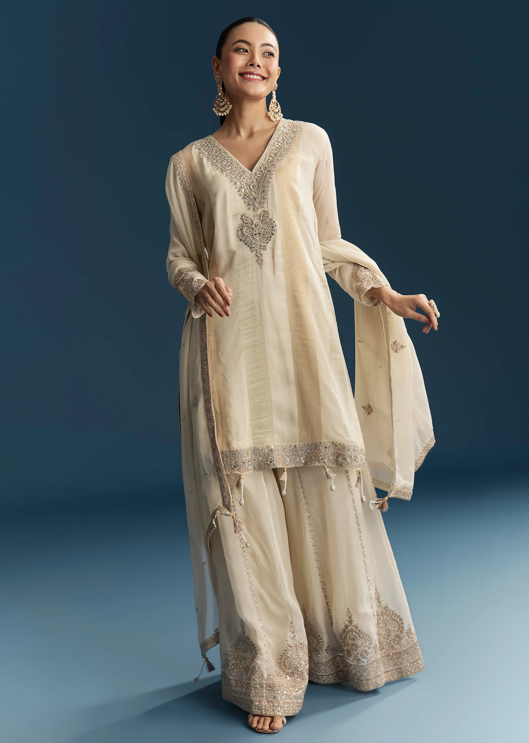 Cream Organza Palazzo Suit With Zari And Mirror Work - Image 3