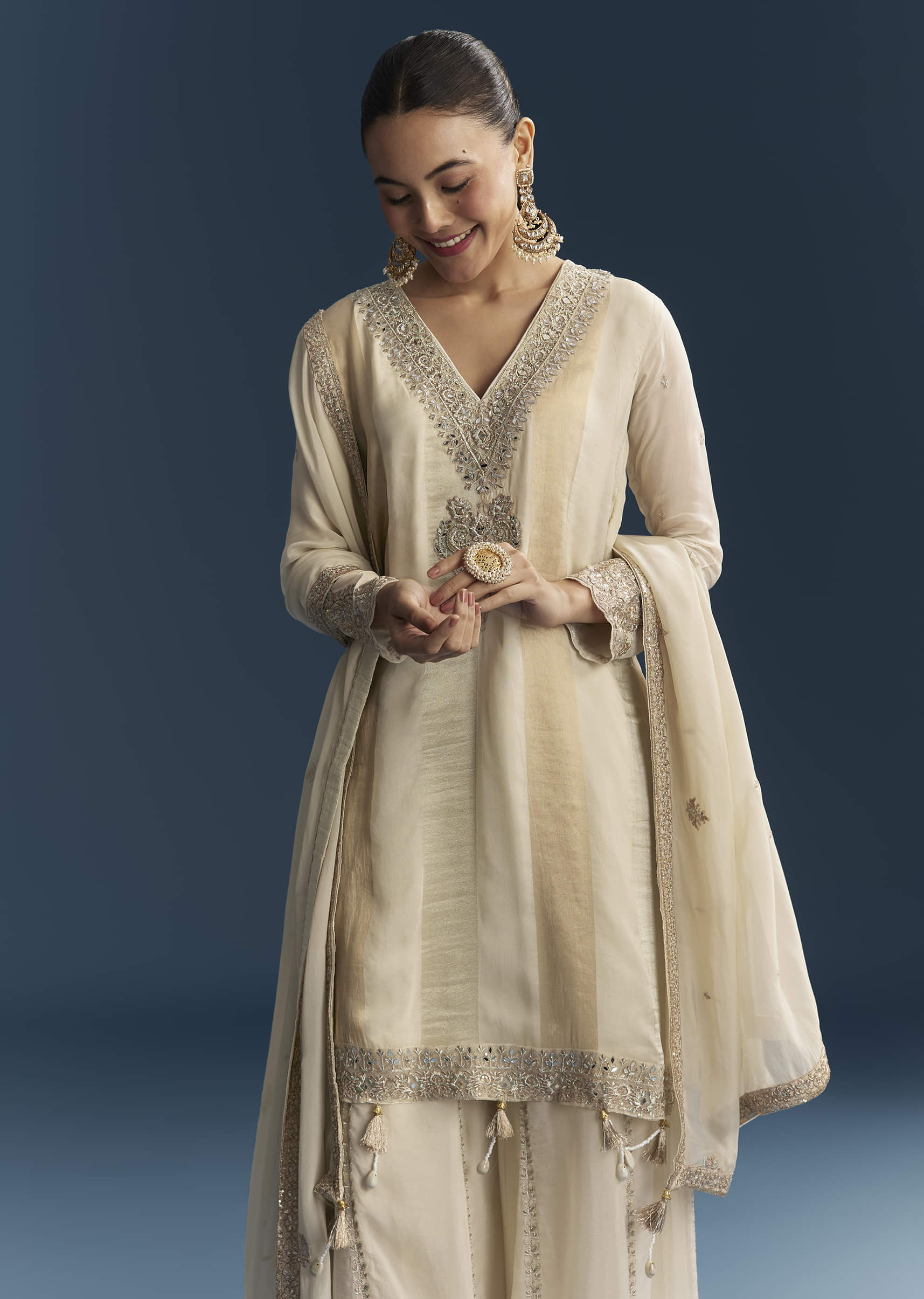 Cream Organza Palazzo Suit With Zari And Mirror Work - Image 4