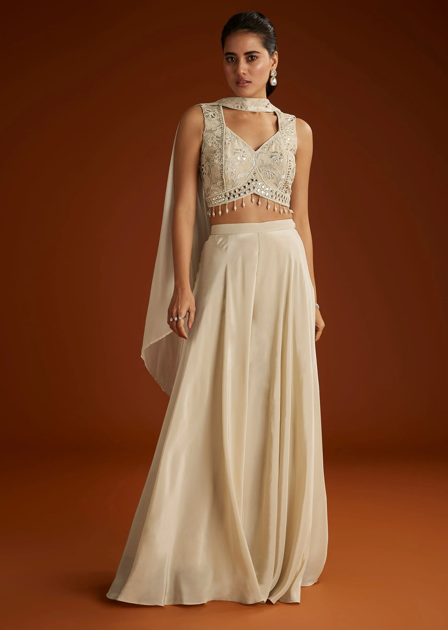 Cream Patch And Mirrorwork Crop Top With Choker Dupatta